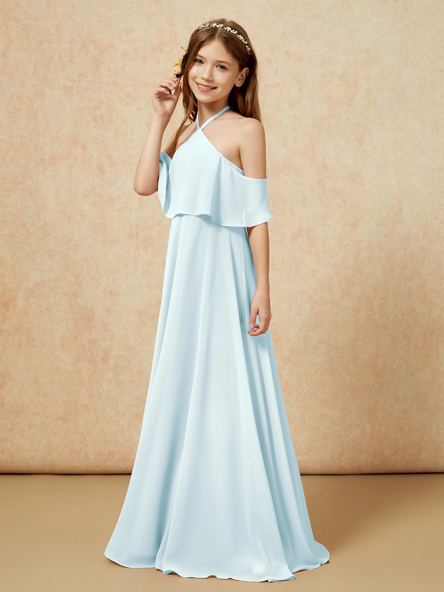 Simple Halter Floor-length Junior Bridesmaid Dress Mist - Image 3