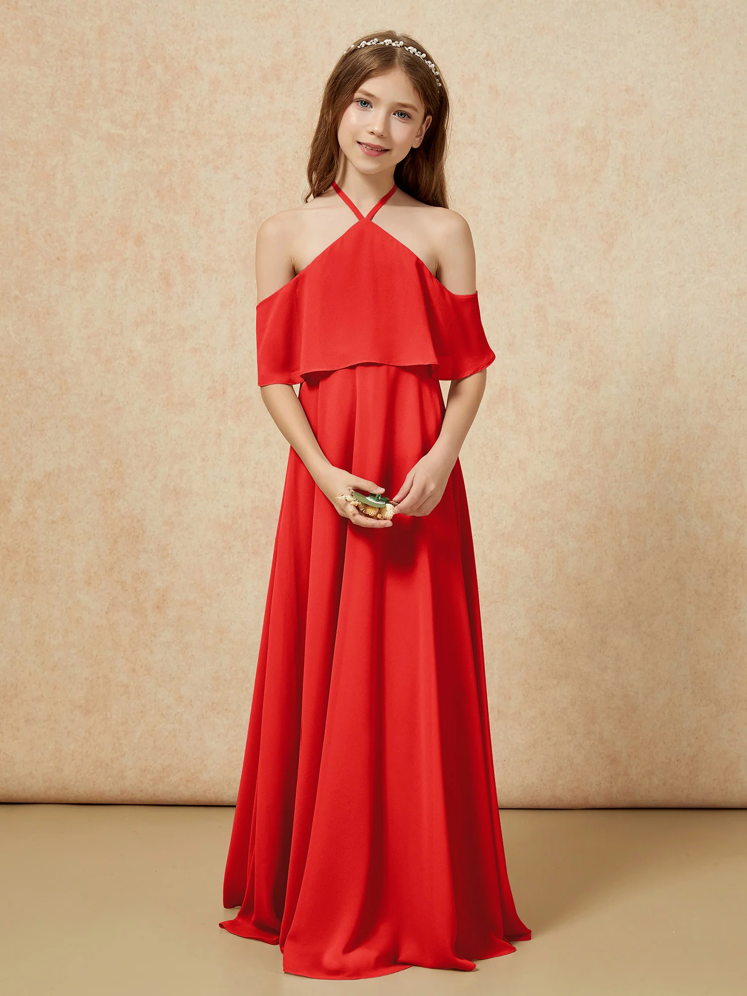 Simple Halter Floor-length Junior Bridesmaid Dress Red - Image 4