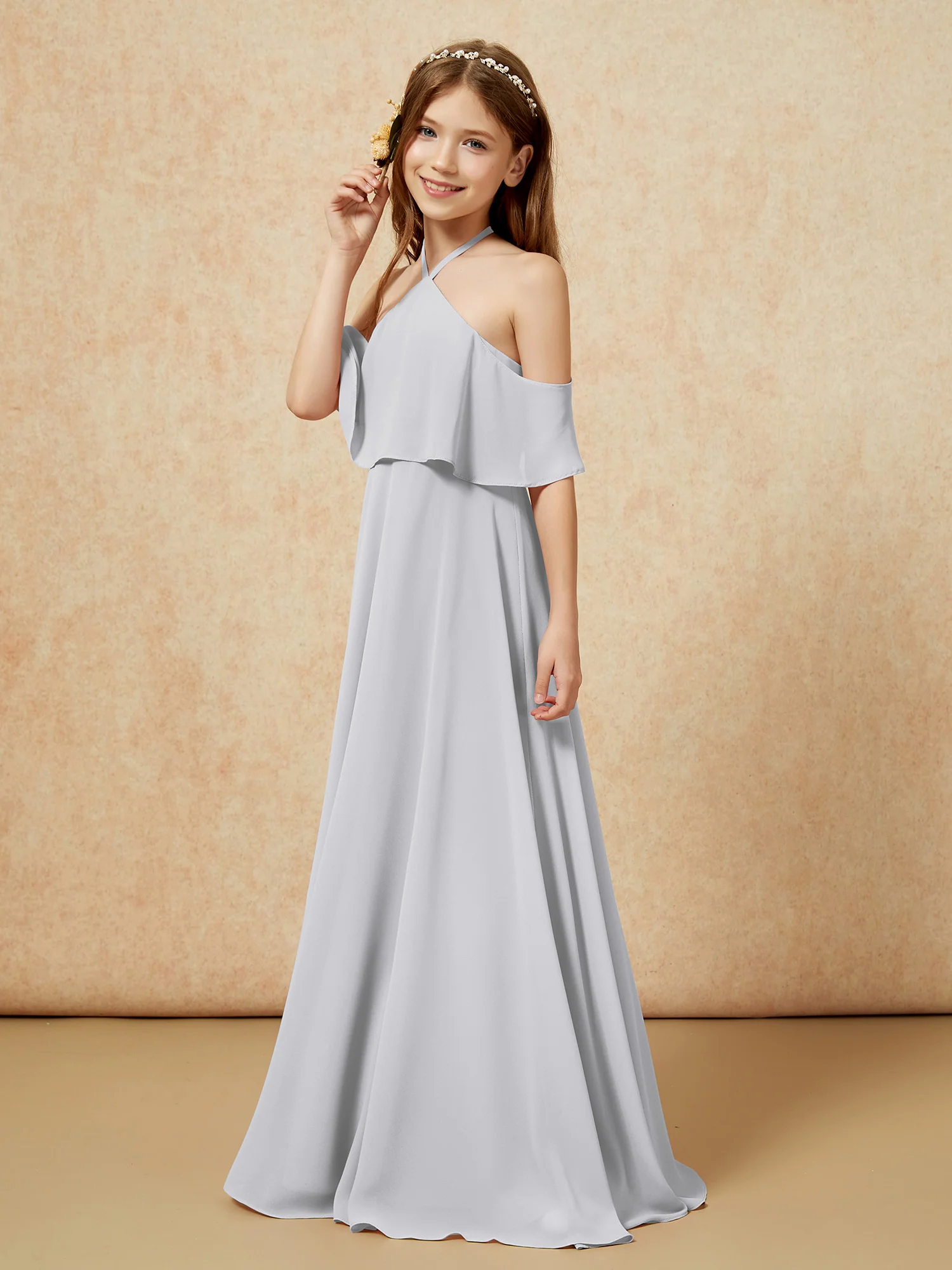Simple Halter Floor-length Junior Bridesmaid Dress Silver - Image 3