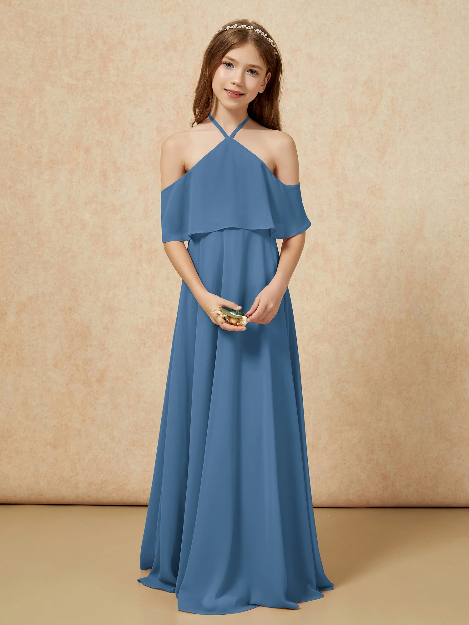 Simple Halter Floor-length Junior Bridesmaid Dress Slate Blue - Image 4