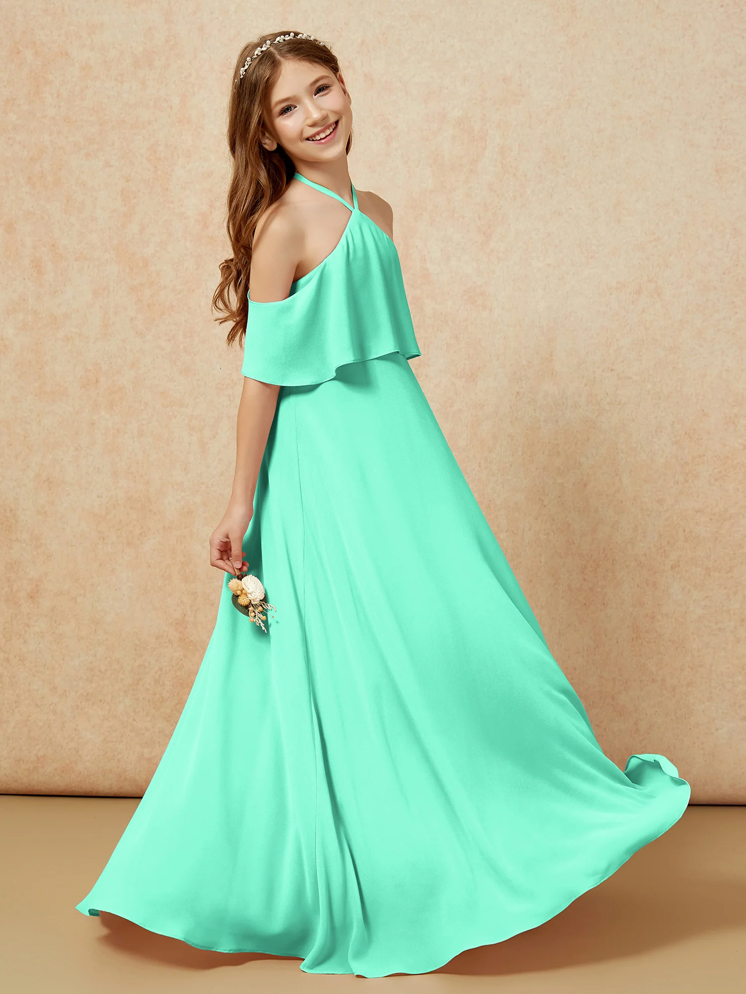 Simple Halter Floor-length Junior Bridesmaid Dress Turquoise - Image 5
