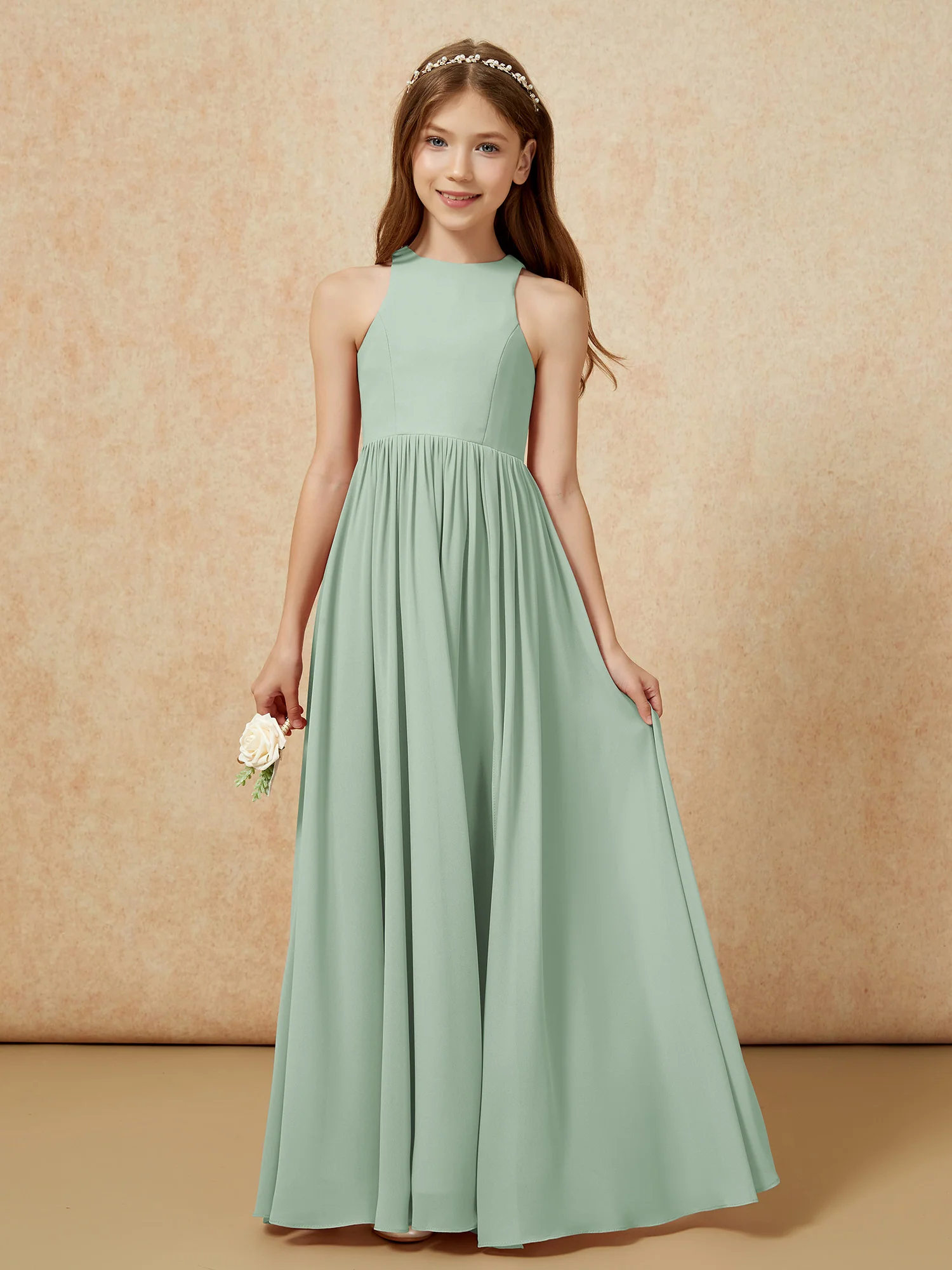 Simple sleeveless chiffon Junior Bridesmaid Dress Agave - Image 4