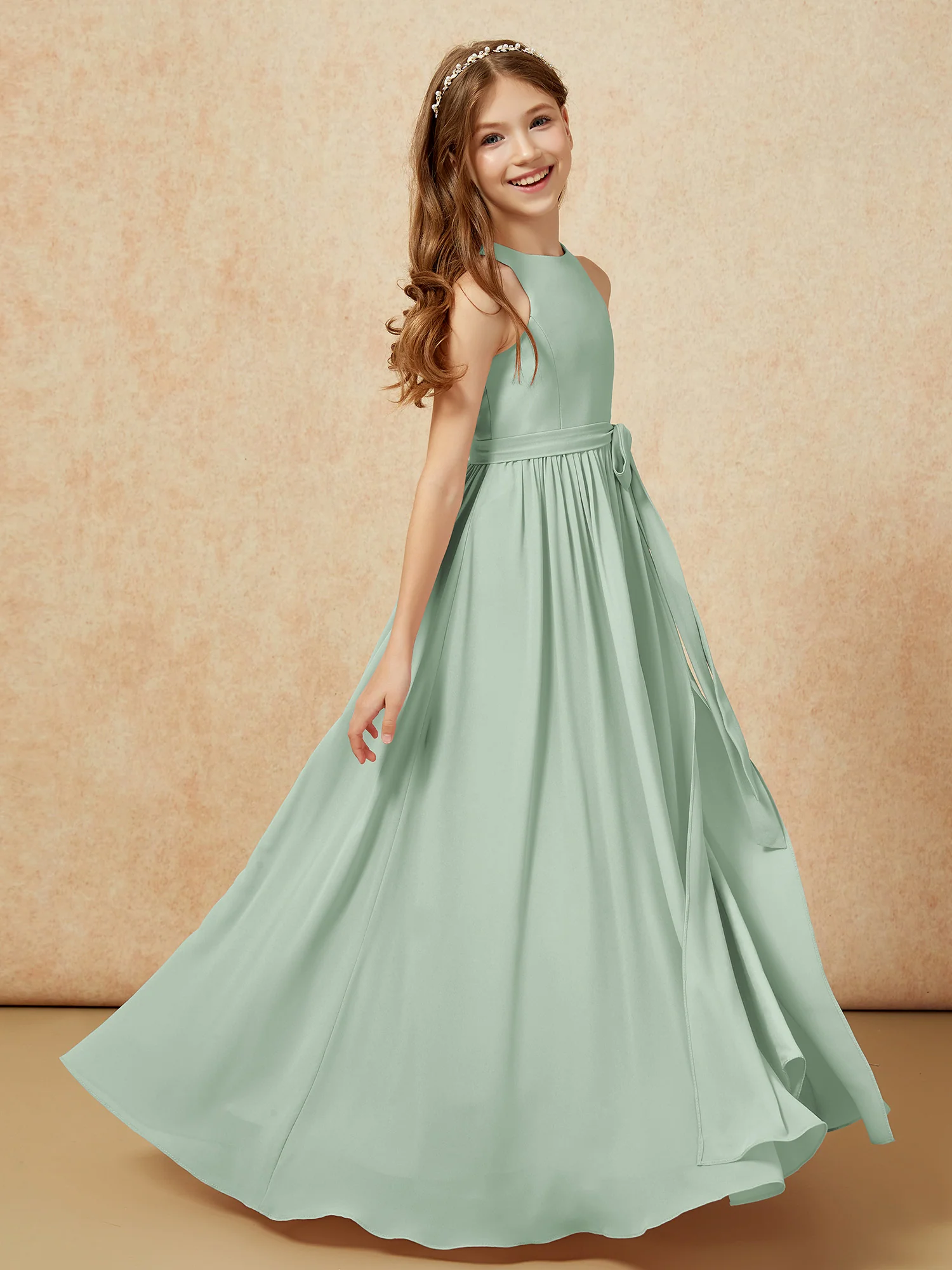 Simple sleeveless chiffon Junior Bridesmaid Dress Agave - Image 5