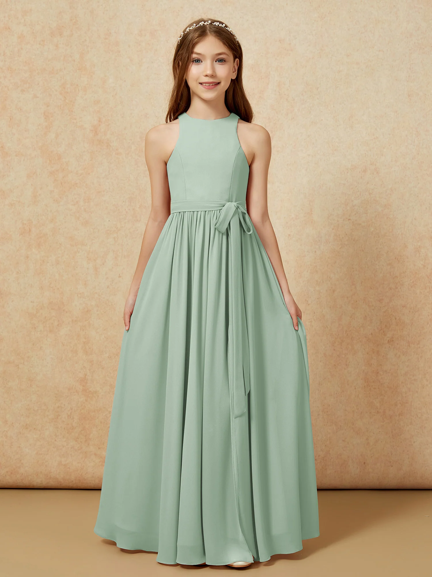 Simple sleeveless chiffon Junior Bridesmaid Dress Agave - Image 8