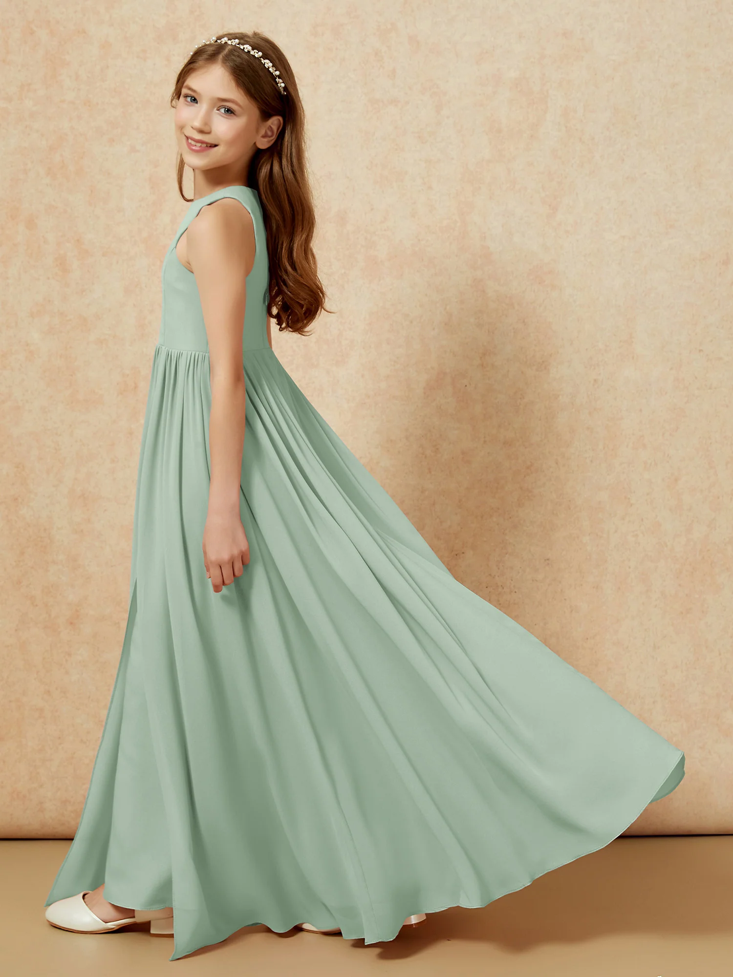 Simple sleeveless chiffon Junior Bridesmaid Dress Agave - Image 9