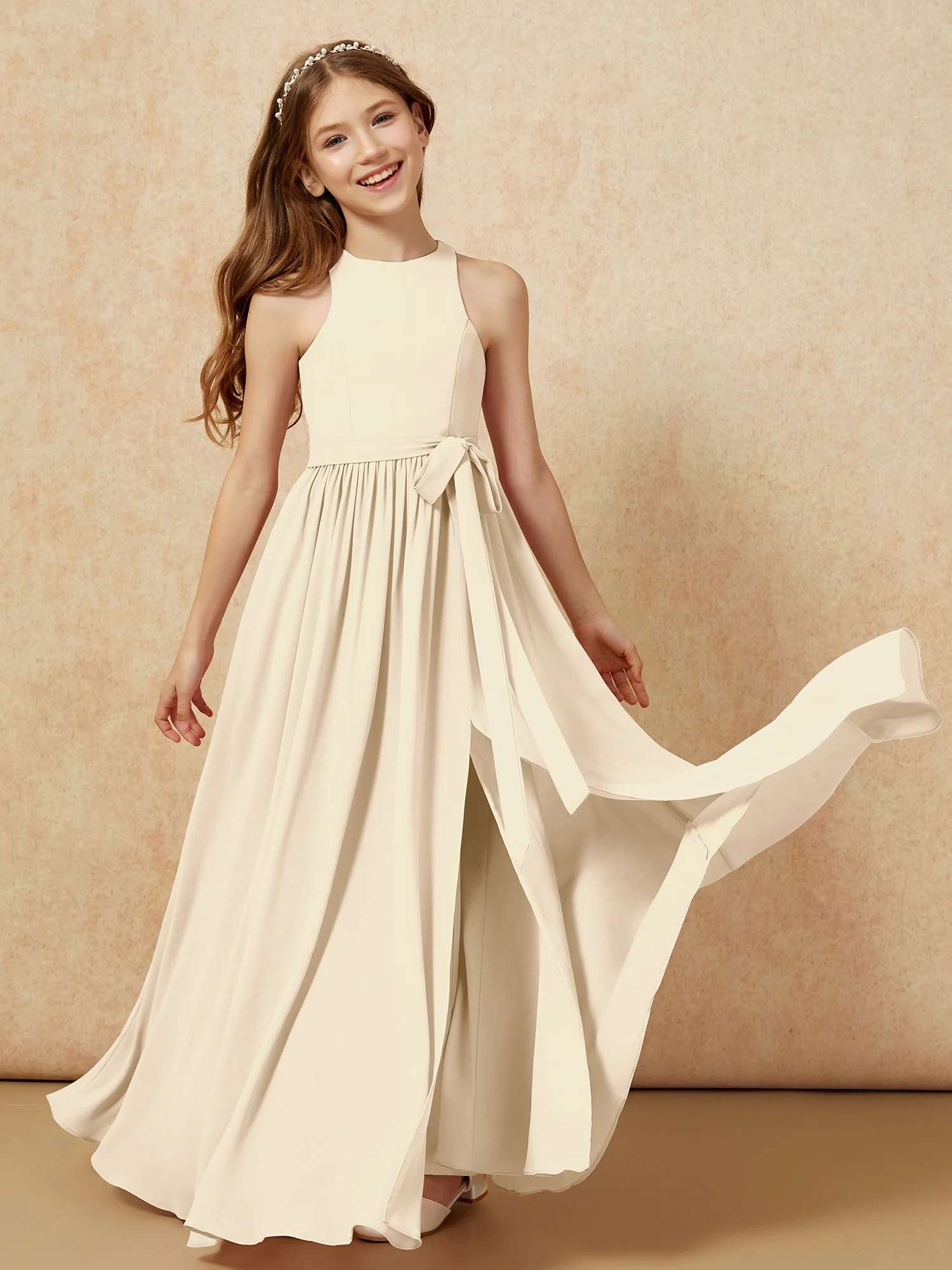 Simple sleeveless chiffon Junior Bridesmaid Dress Champagne - Image 10