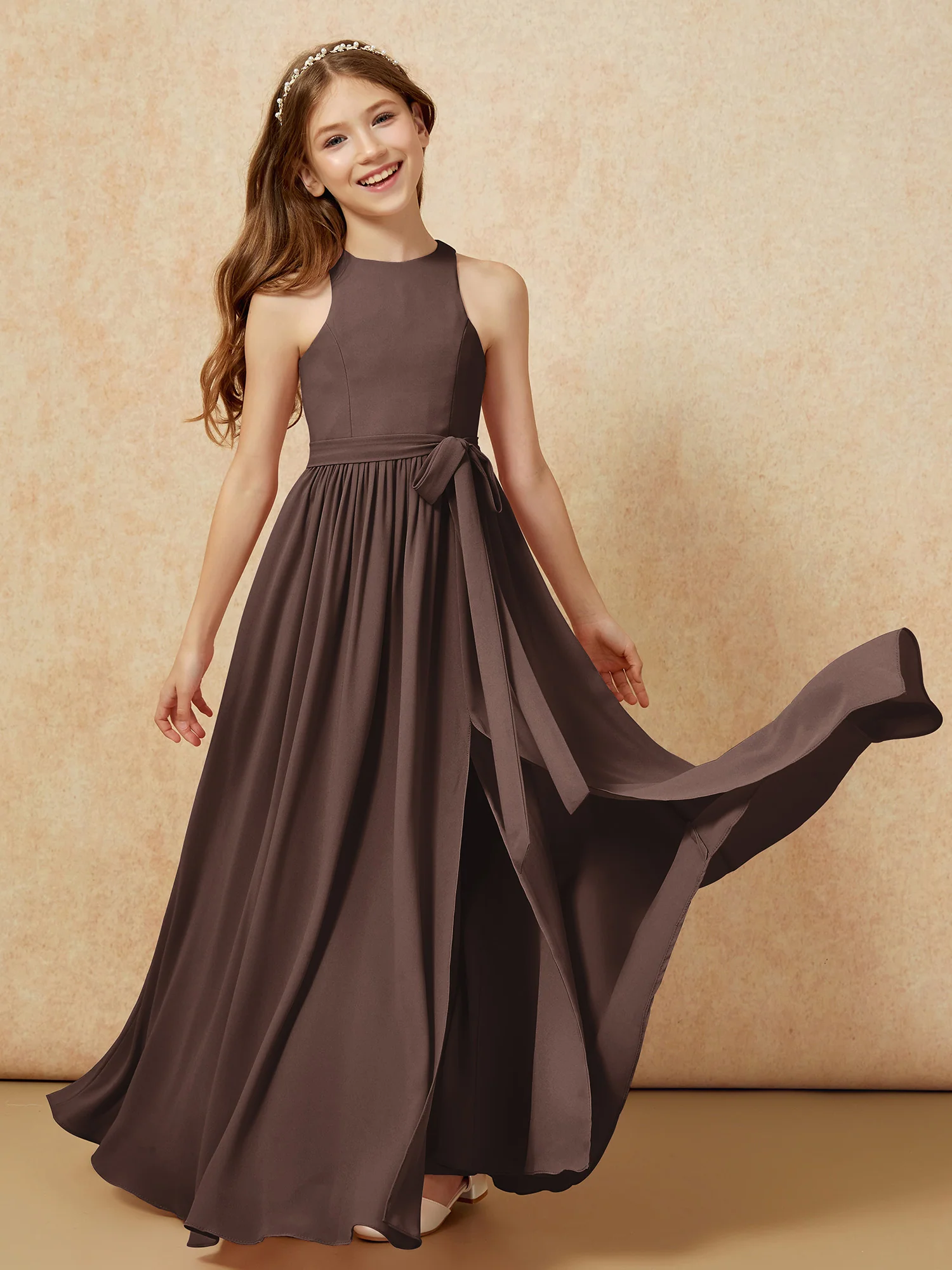 Simple sleeveless chiffon Junior Bridesmaid Dress Chocolate - Image 10