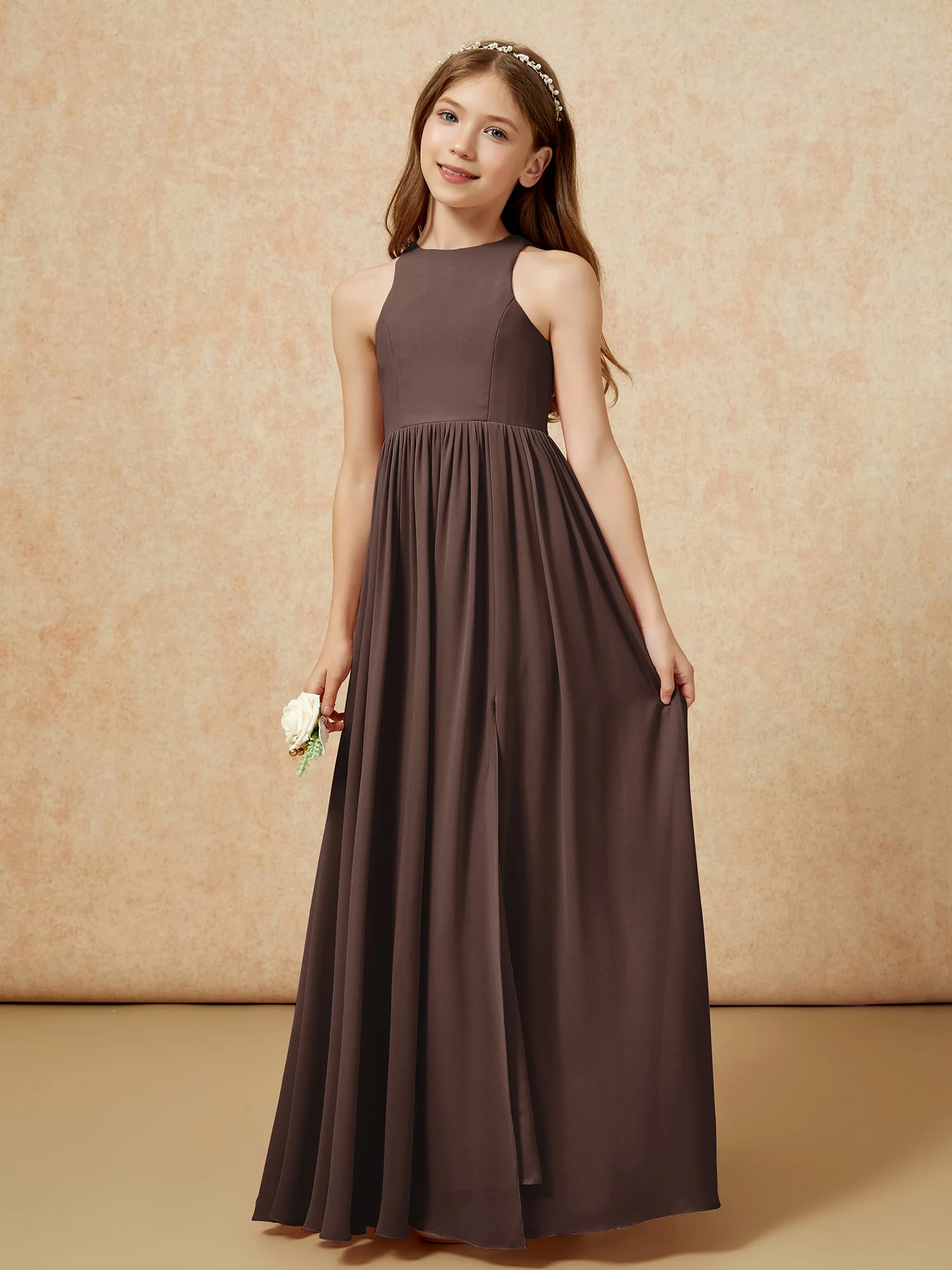 Simple sleeveless chiffon Junior Bridesmaid Dress Chocolate - Image 6