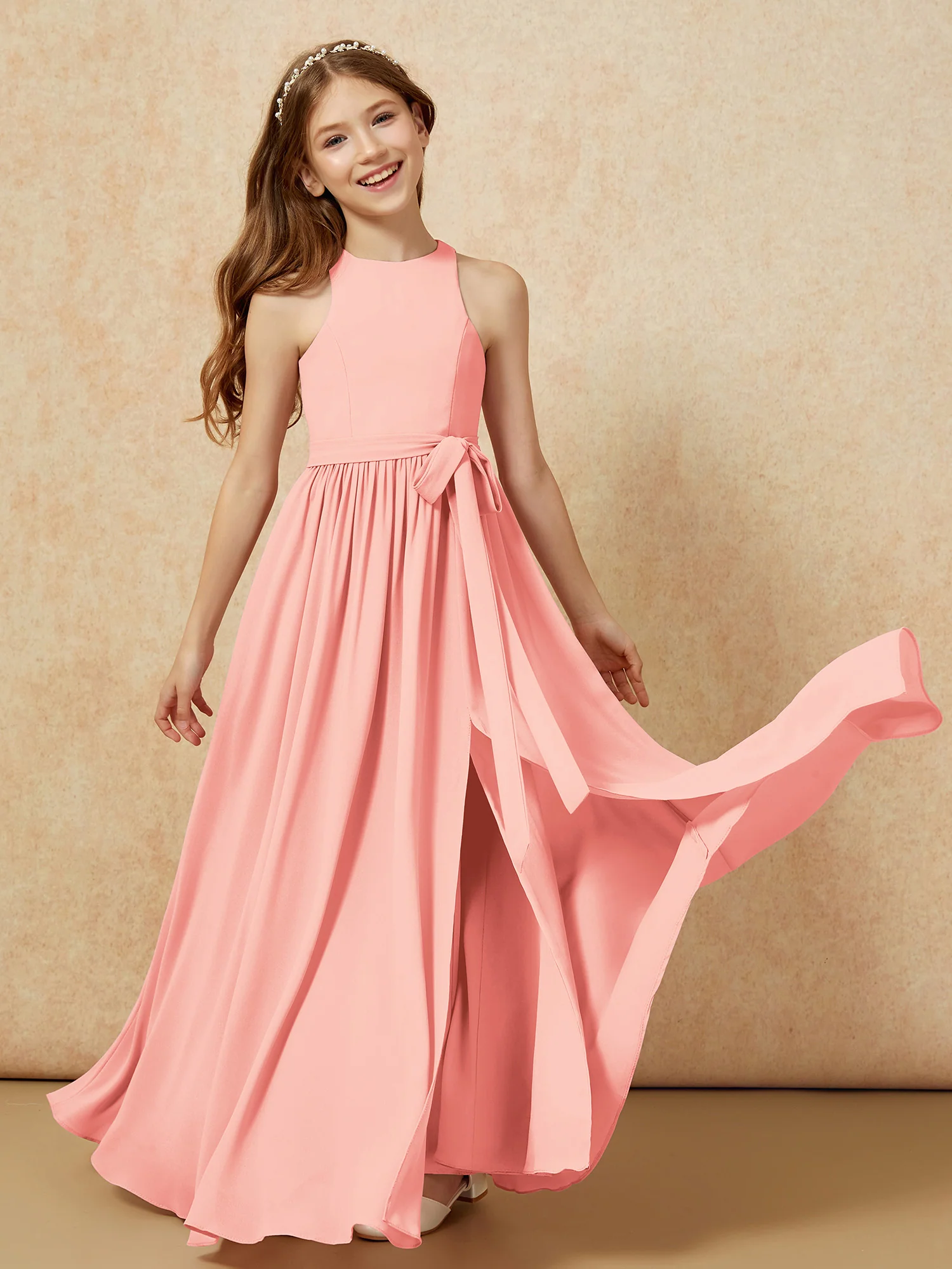 Simple sleeveless chiffon Junior Bridesmaid Dress Coral - Image 10