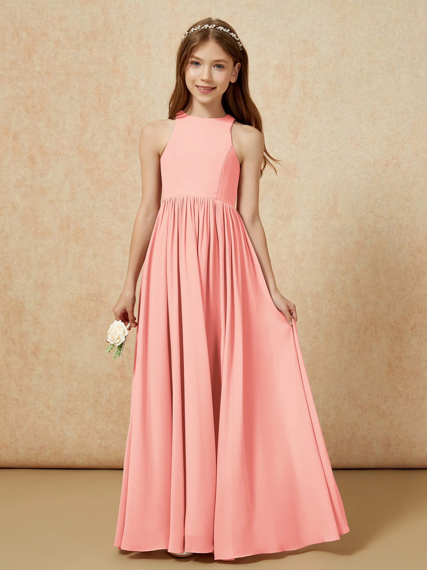 Simple sleeveless chiffon Junior Bridesmaid Dress Coral - Image 4