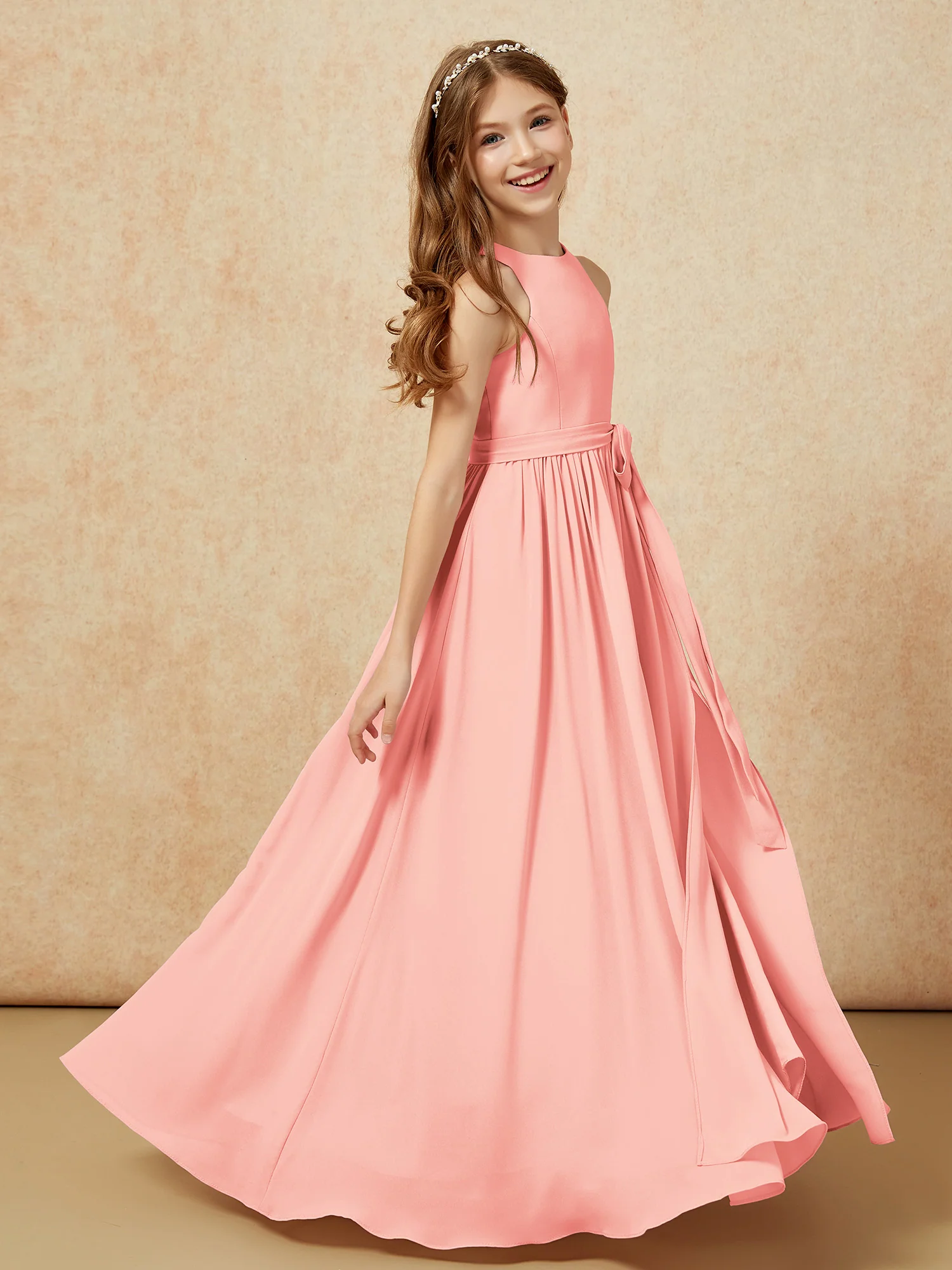 Simple sleeveless chiffon Junior Bridesmaid Dress Coral - Image 5
