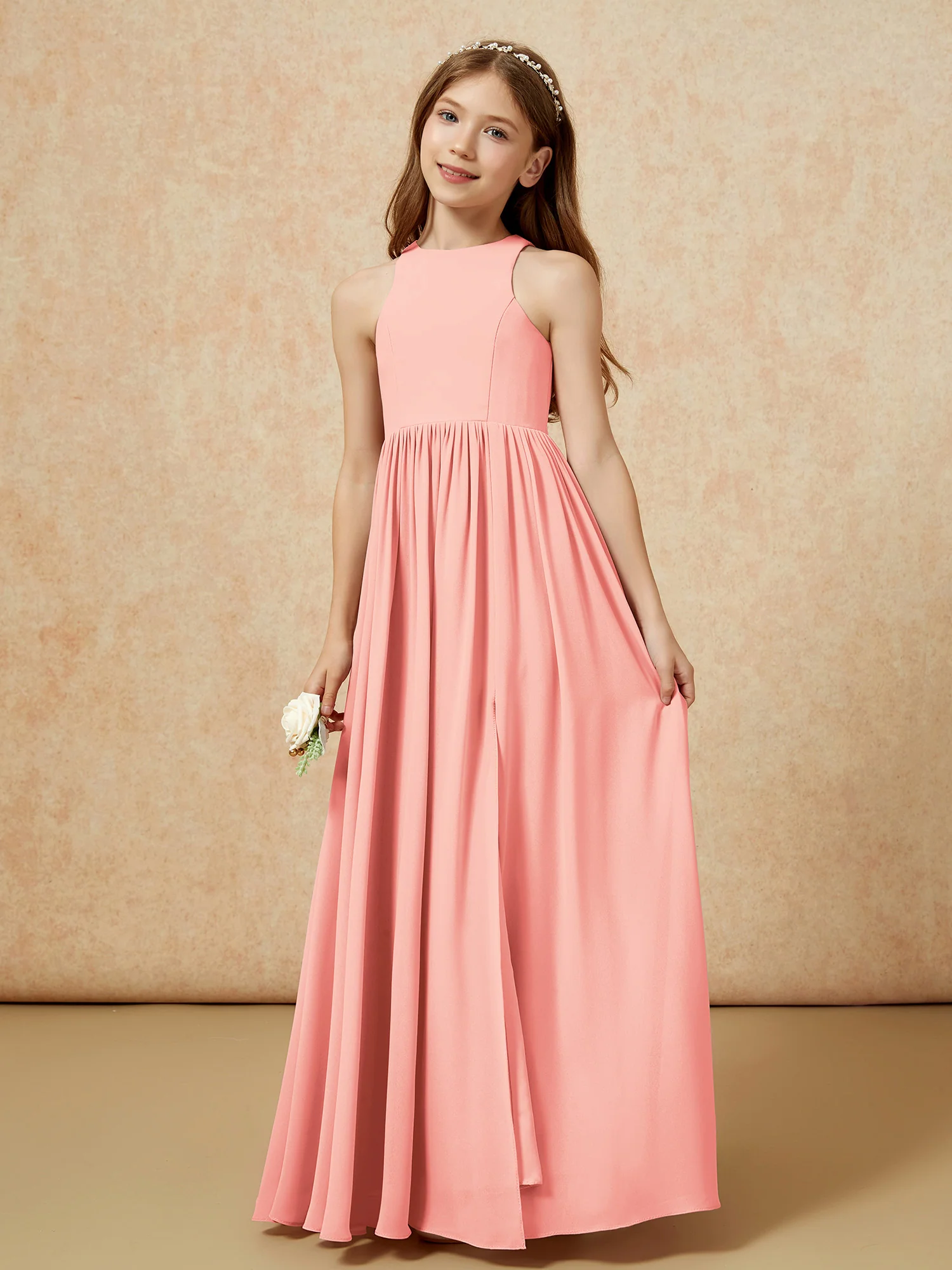 Simple sleeveless chiffon Junior Bridesmaid Dress Coral - Image 6