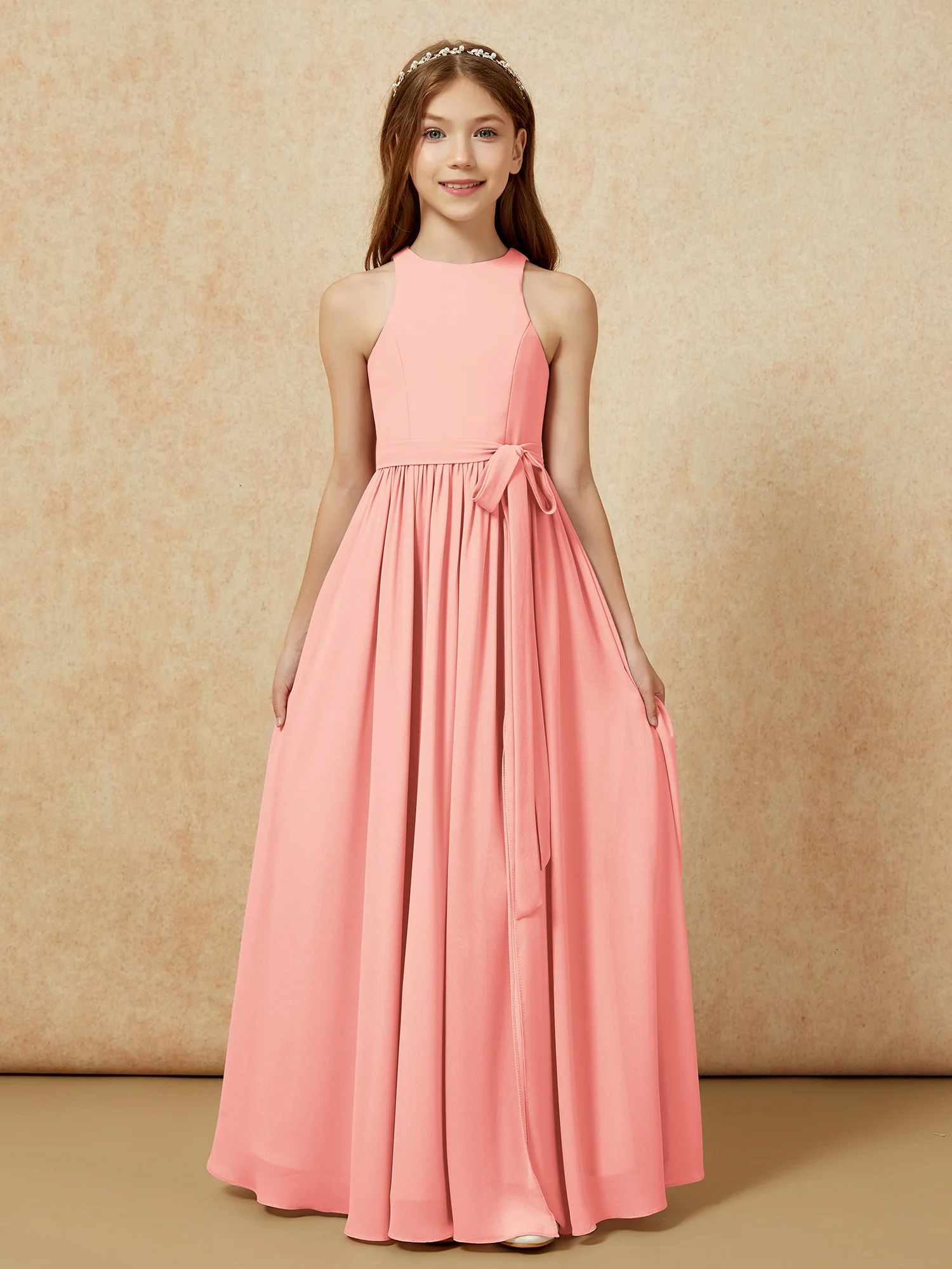 Simple sleeveless chiffon Junior Bridesmaid Dress Coral - Image 8