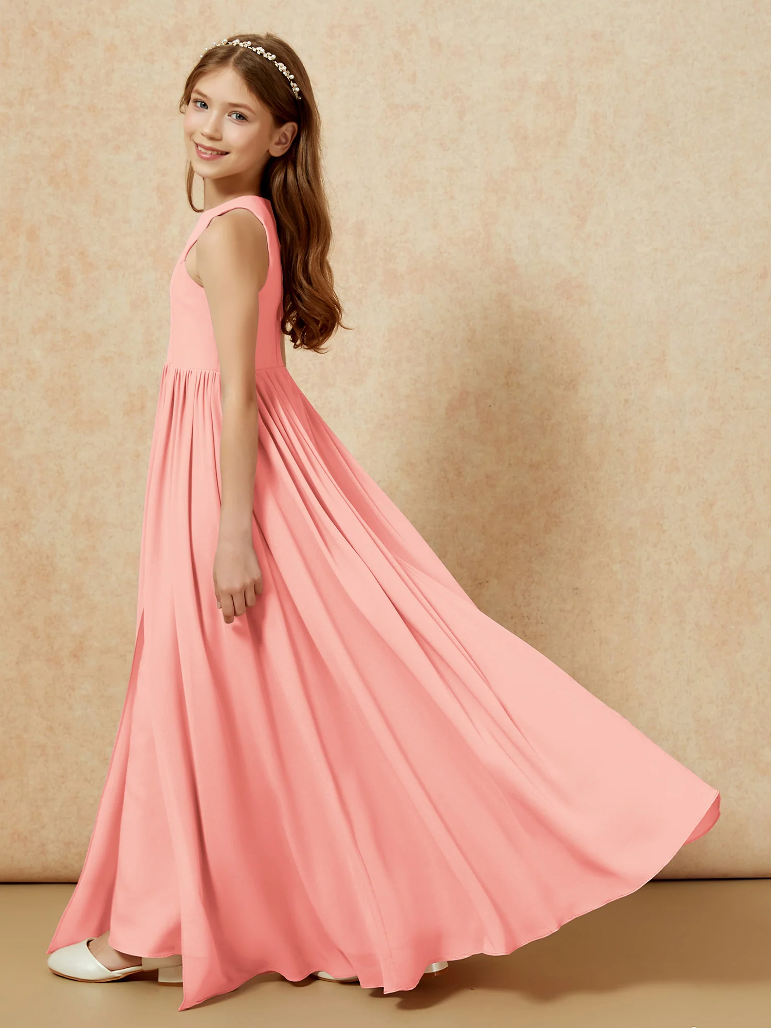 Simple sleeveless chiffon Junior Bridesmaid Dress Coral - Image 9