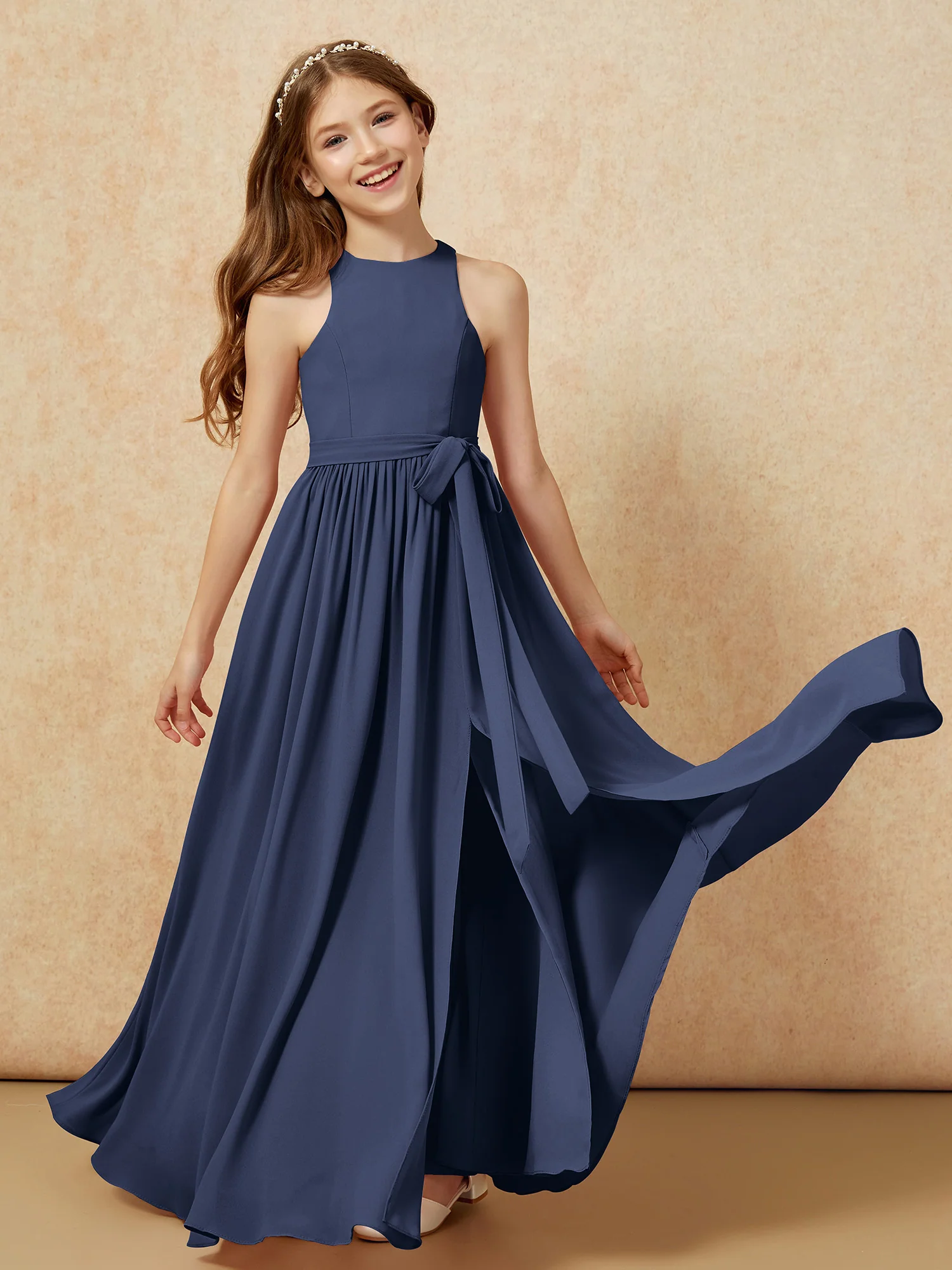 Simple sleeveless chiffon Junior Bridesmaid Dress Dark Navy - Image 10