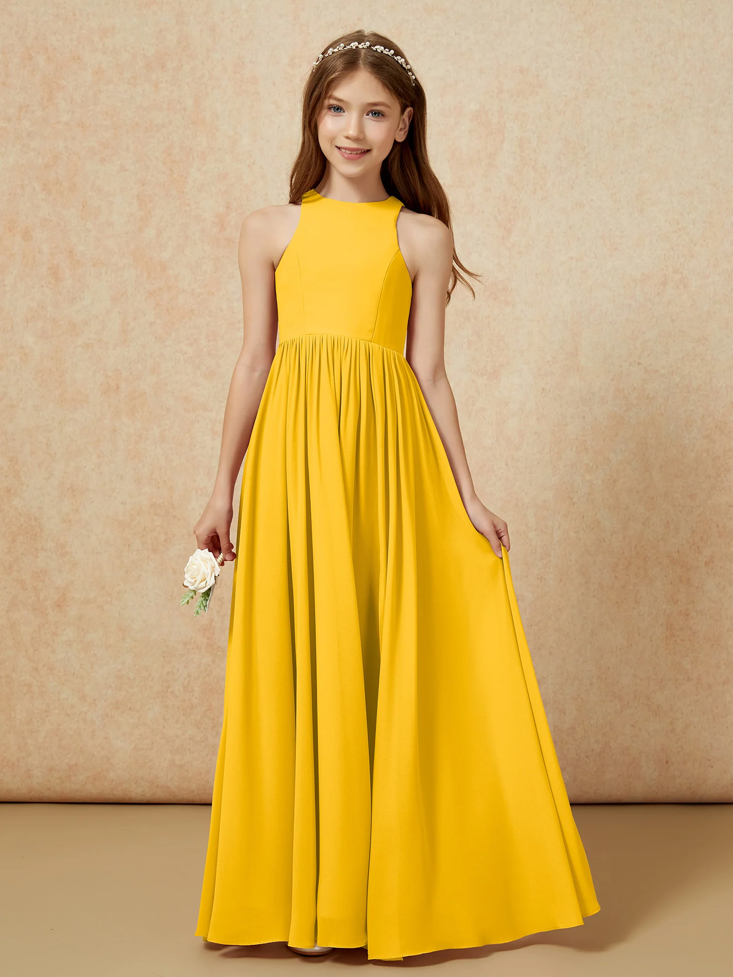 Simple sleeveless chiffon Junior Bridesmaid Dress Marigold - Image 4