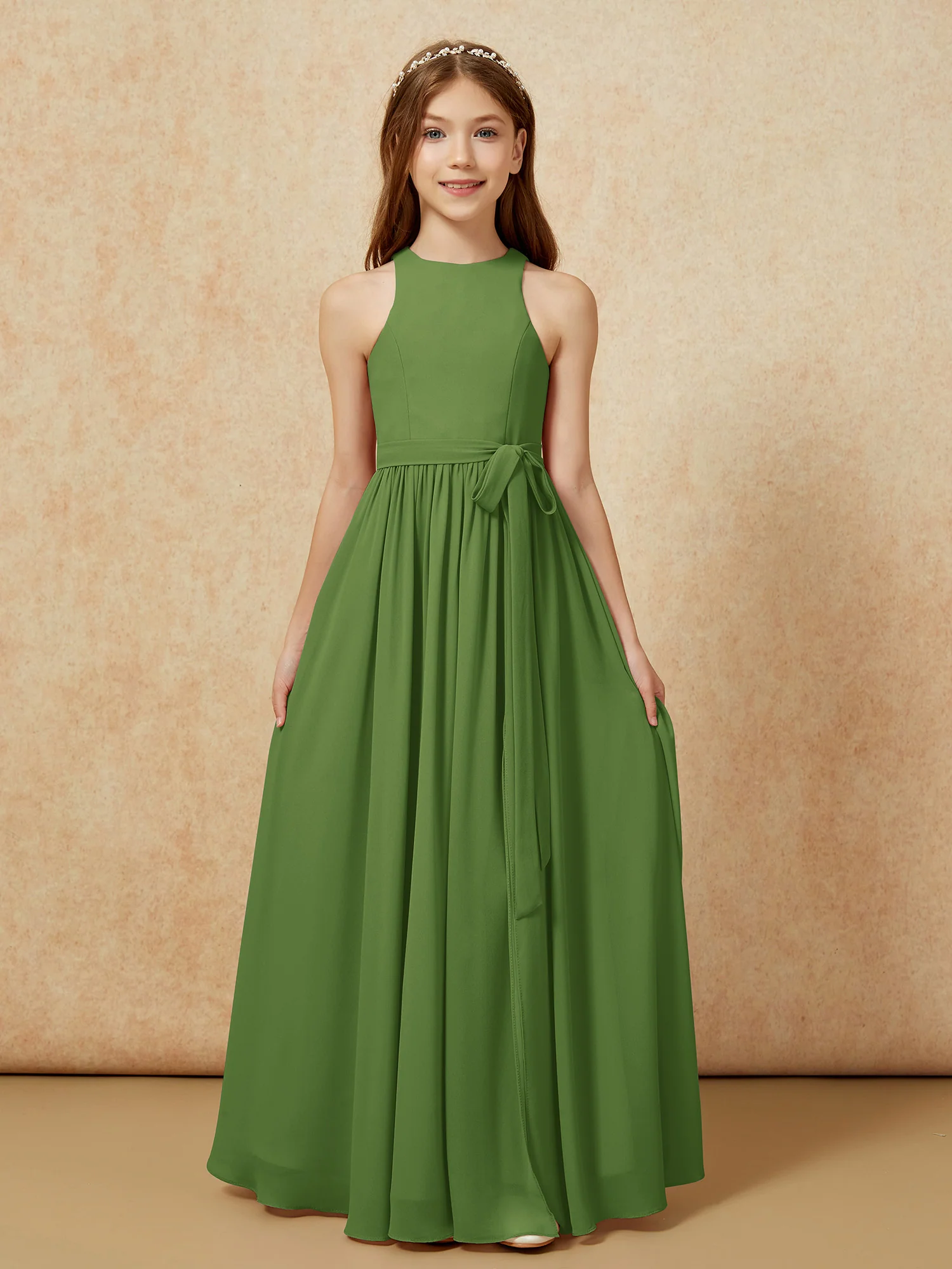 Simple sleeveless chiffon Junior Bridesmaid Dress Moss - Image 8