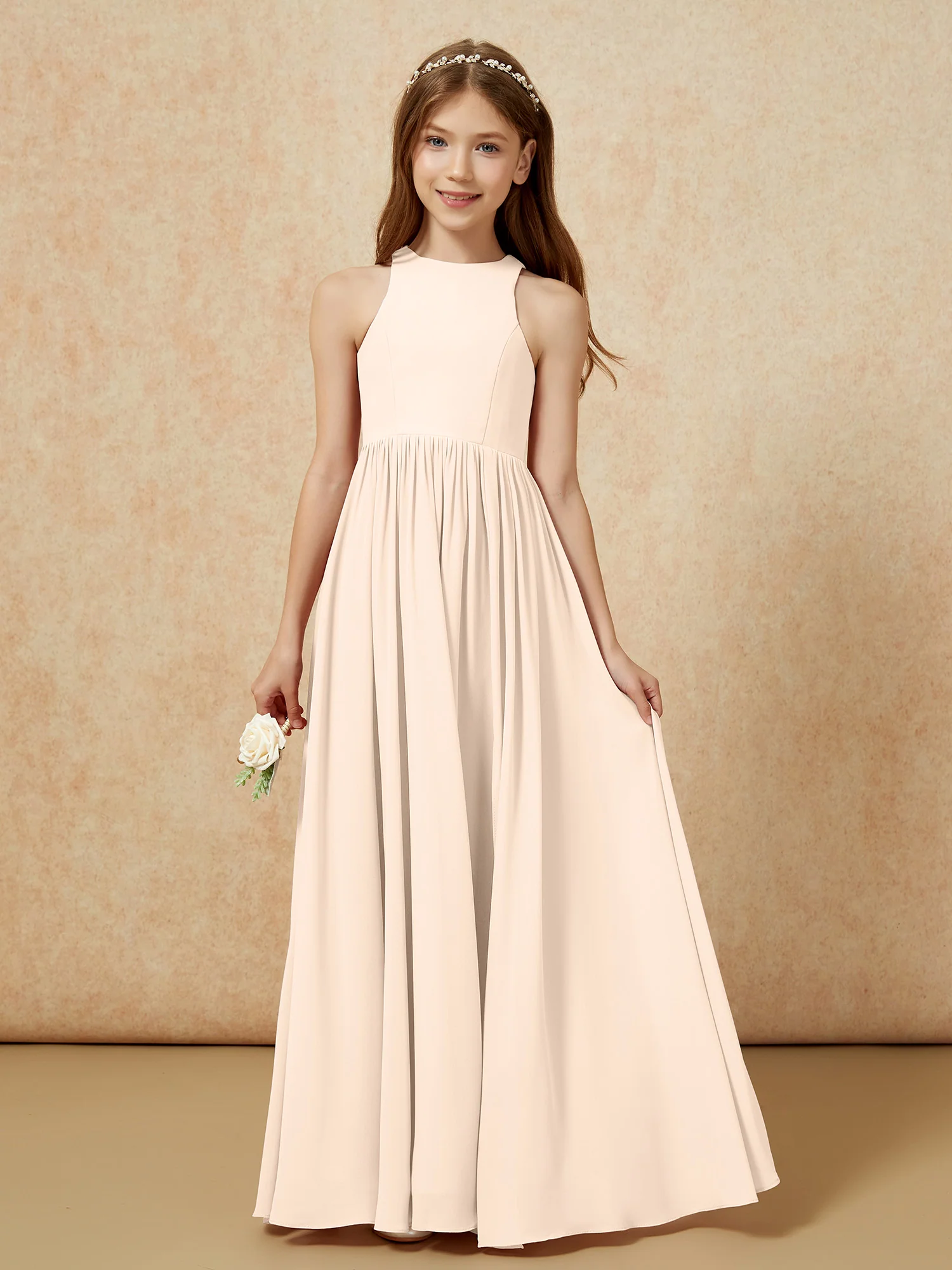 Simple sleeveless chiffon Junior Bridesmaid Dress Peach - Image 4