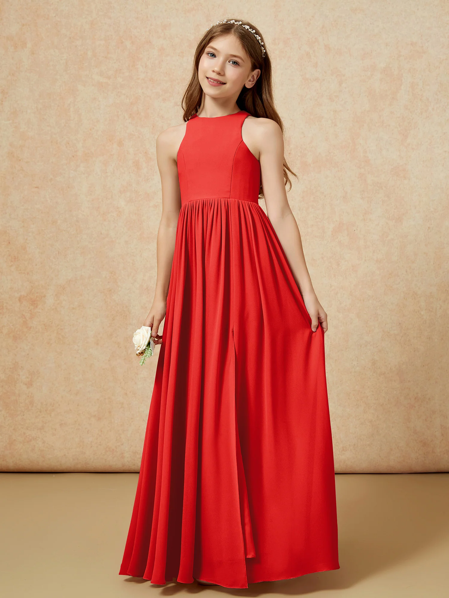 Simple sleeveless chiffon Junior Bridesmaid Dress Red - Image 6