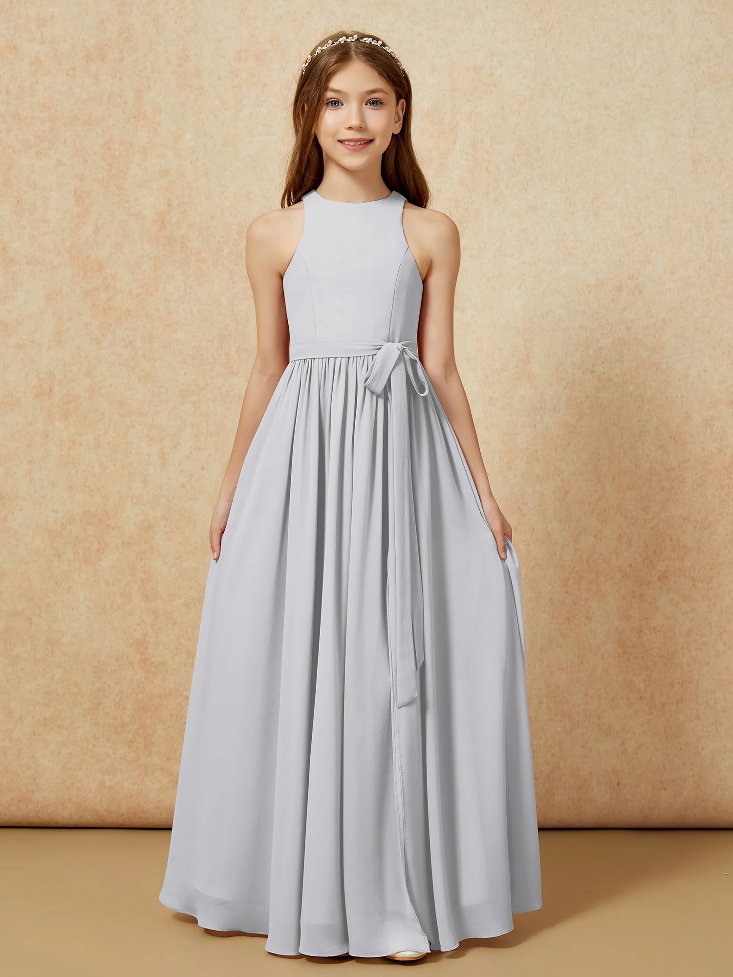 Simple sleeveless chiffon Junior Bridesmaid Dress Silver - Image 8