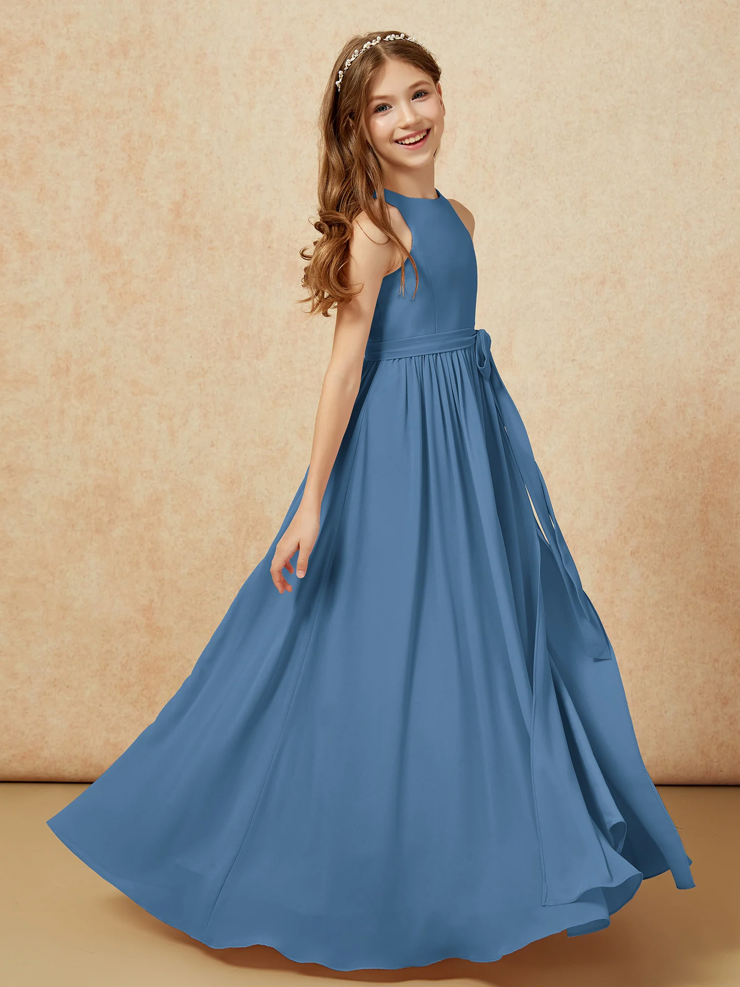 Simple sleeveless chiffon Junior Bridesmaid Dress Slate Blue - Image 5