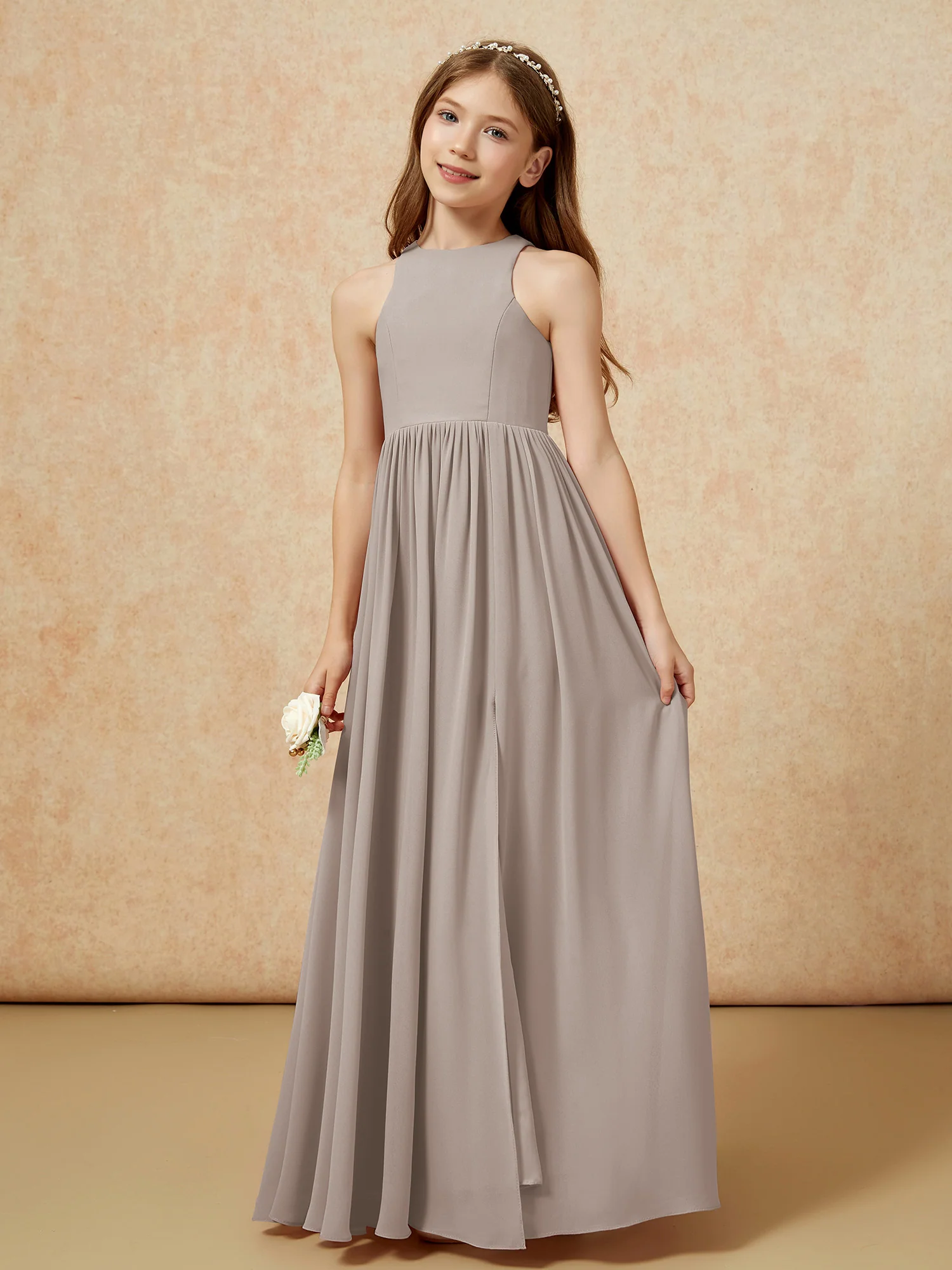 Simple sleeveless chiffon Junior Bridesmaid Dress Taupe - Image 6