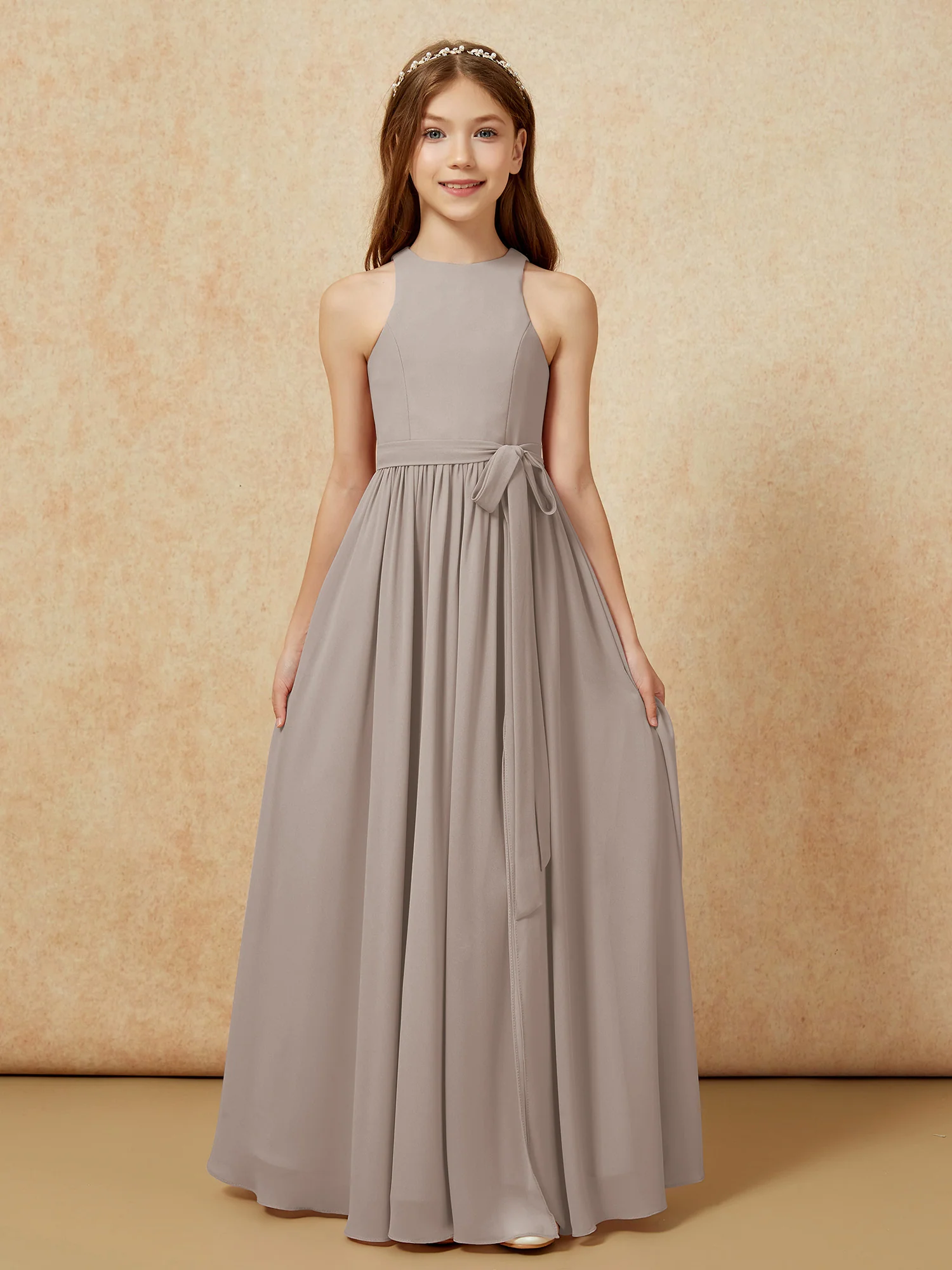 Simple sleeveless chiffon Junior Bridesmaid Dress Taupe - Image 8