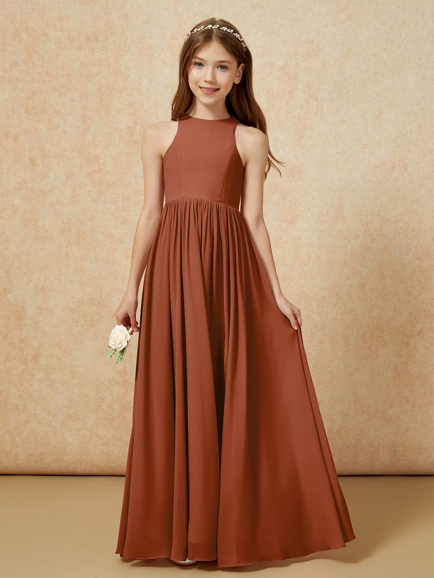 Simple sleeveless chiffon Junior Bridesmaid Dress Terracotta - Image 4