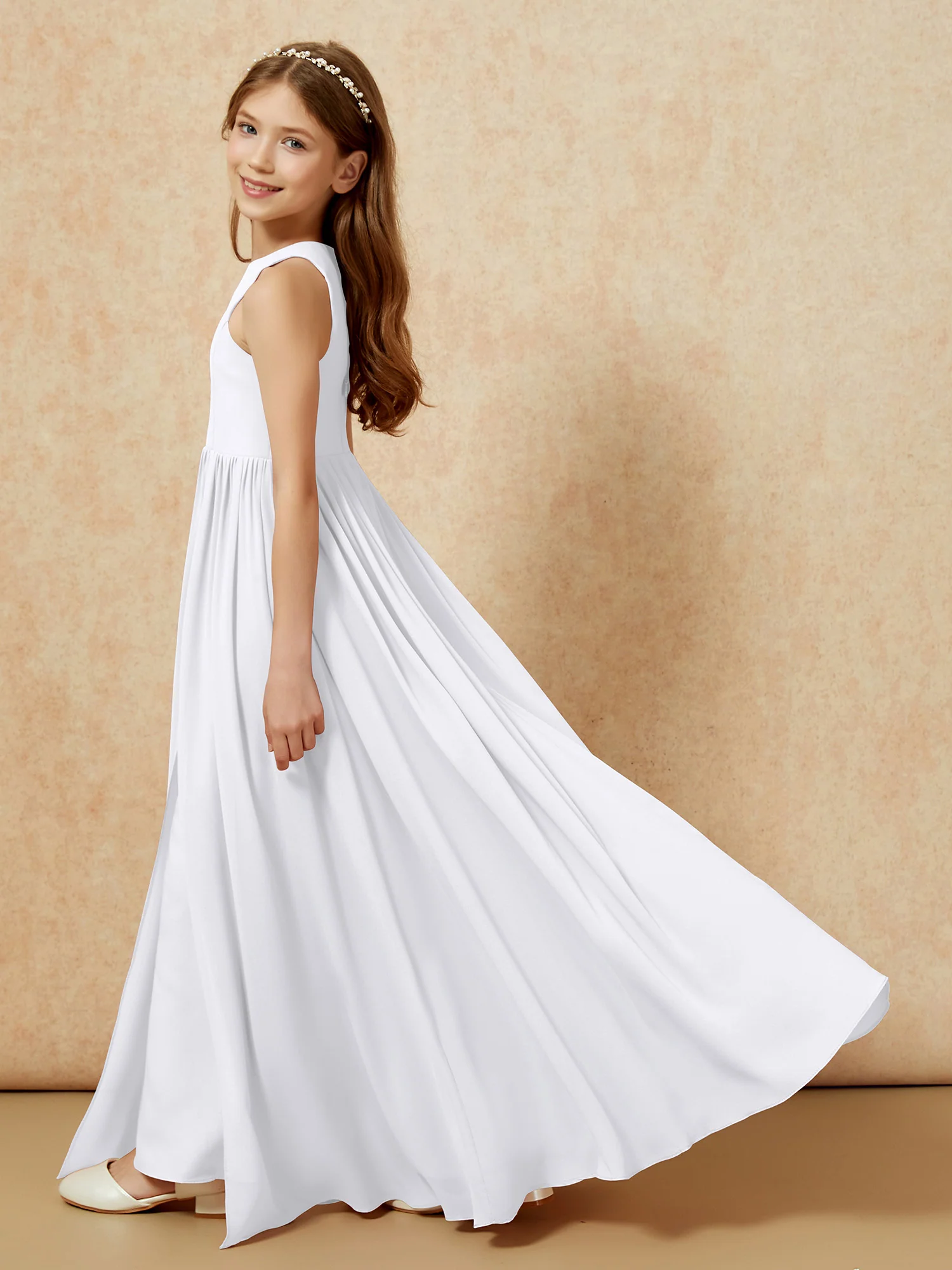 Simple sleeveless chiffon Junior Bridesmaid Dress White - Image 9