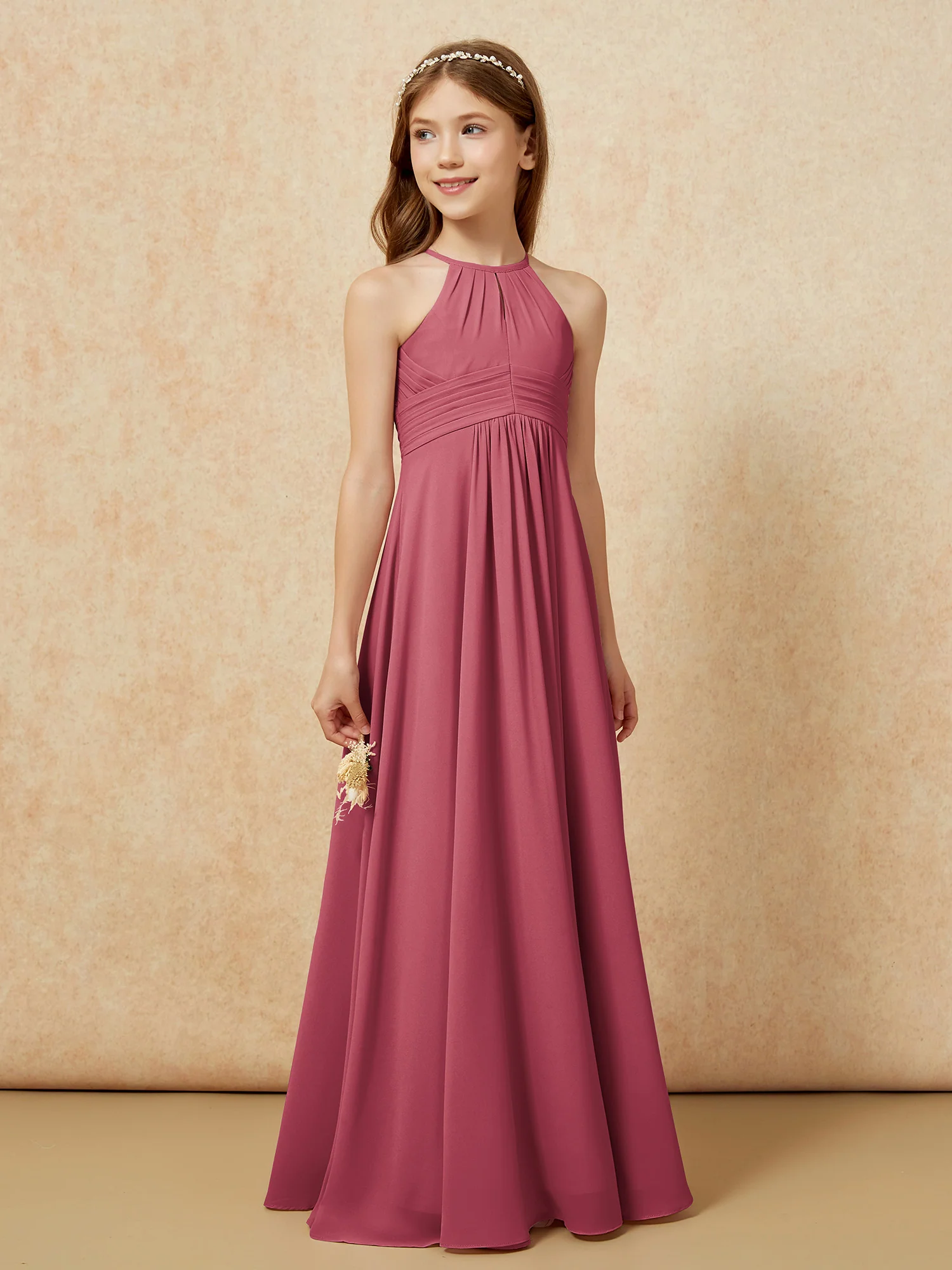 Simple Sleeveless Empire Long Junior Bridesmaid Dress Cinnamon Rose - Image 4