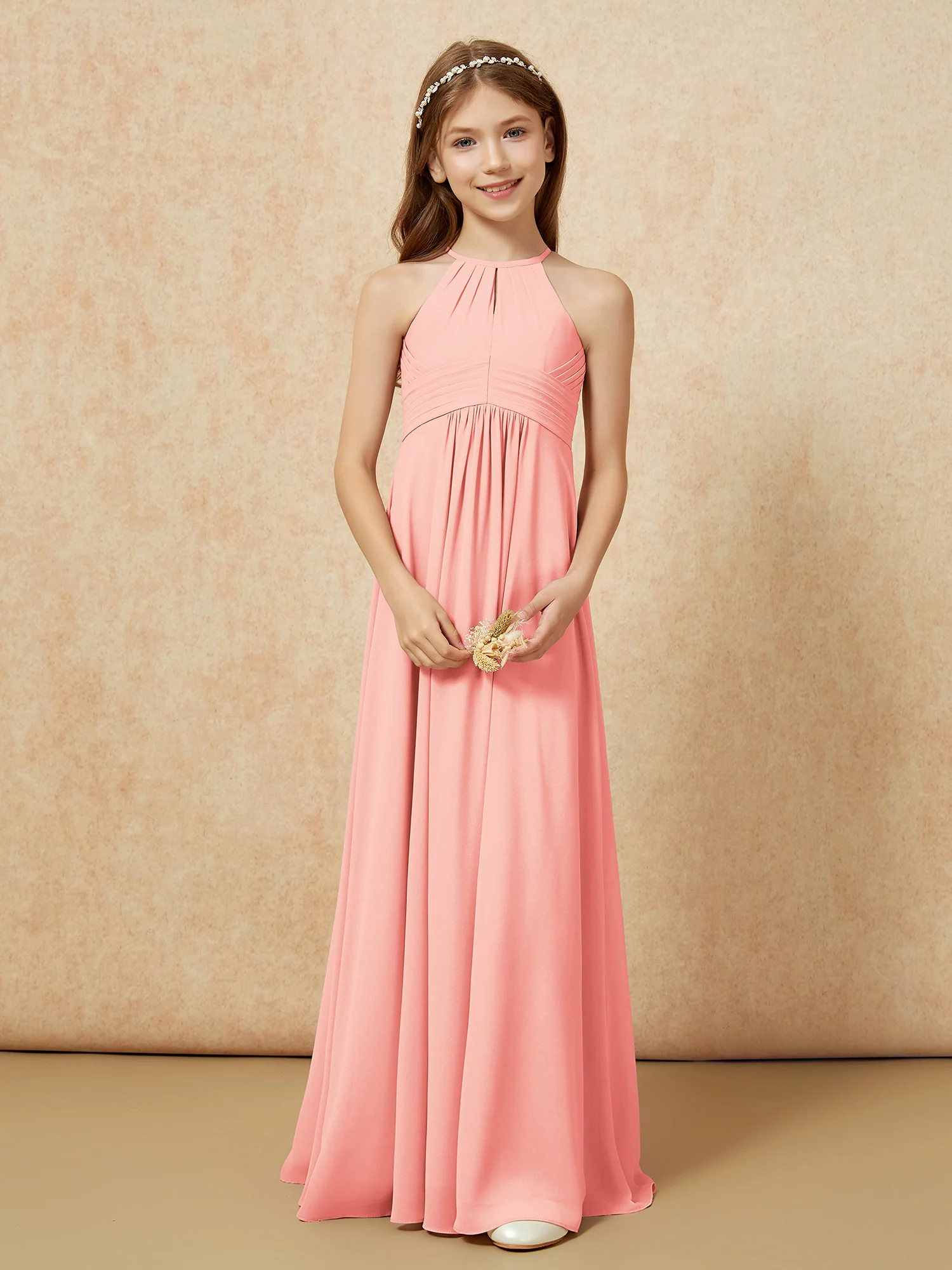 Simple Sleeveless Empire Long Junior Bridesmaid Dress Coral - Image 5