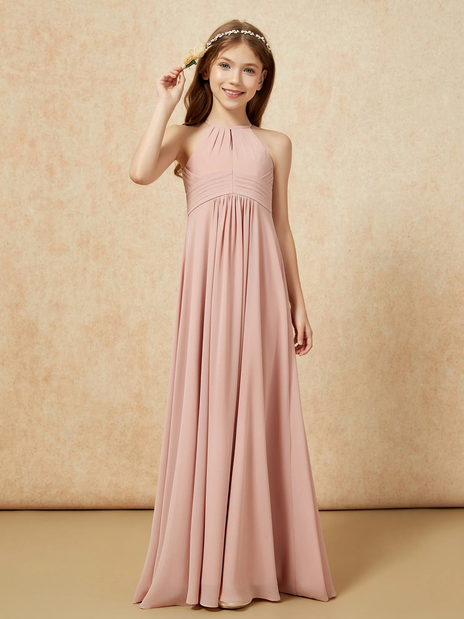 Simple Sleeveless Empire Long Junior Bridesmaid Dress Dusty Rose