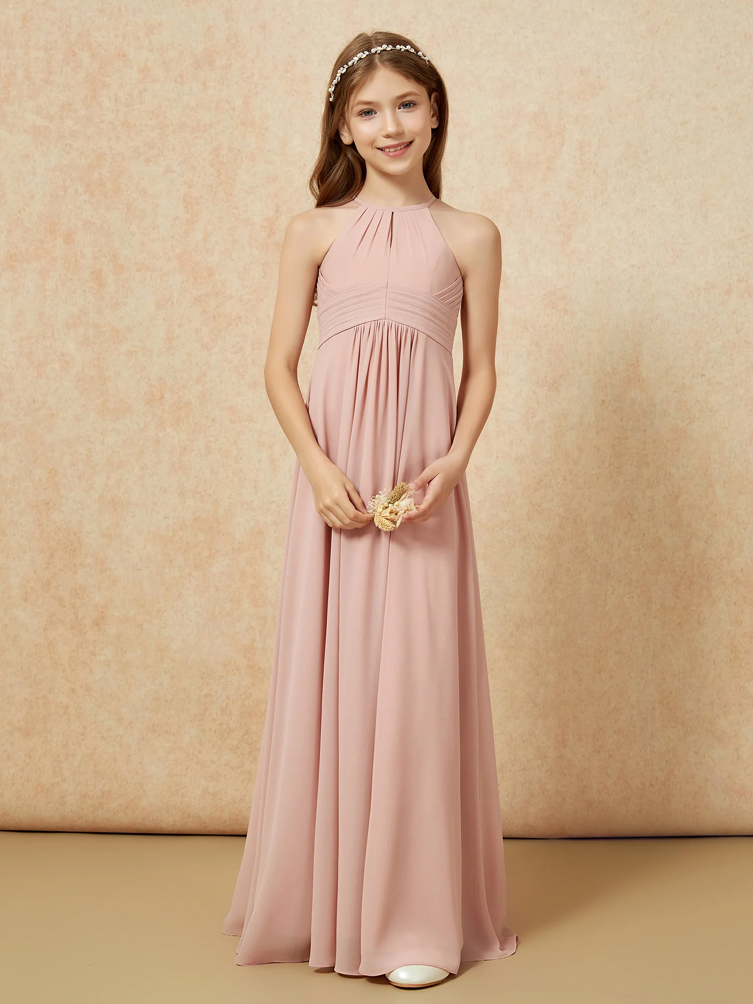 Simple Sleeveless Empire Long Junior Bridesmaid Dress Dusty Rose - Image 5