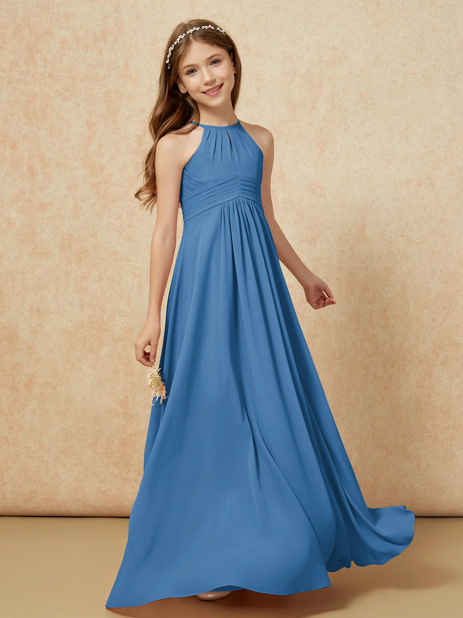 Simple Sleeveless Empire Long Junior Bridesmaid Dress Ink Blue - Image 3