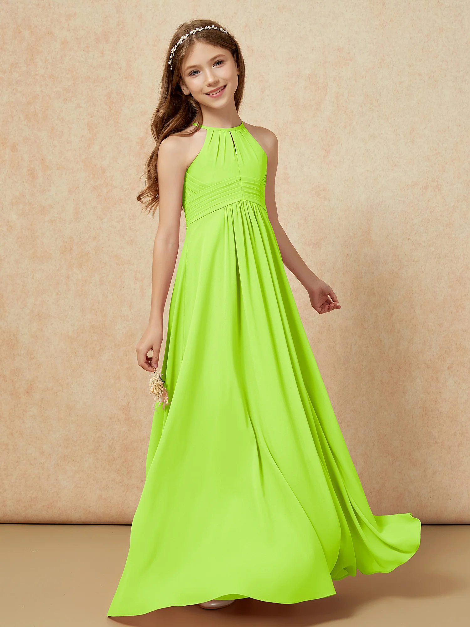 Simple Sleeveless Empire Long Junior Bridesmaid Dress Lime Green - Image 3
