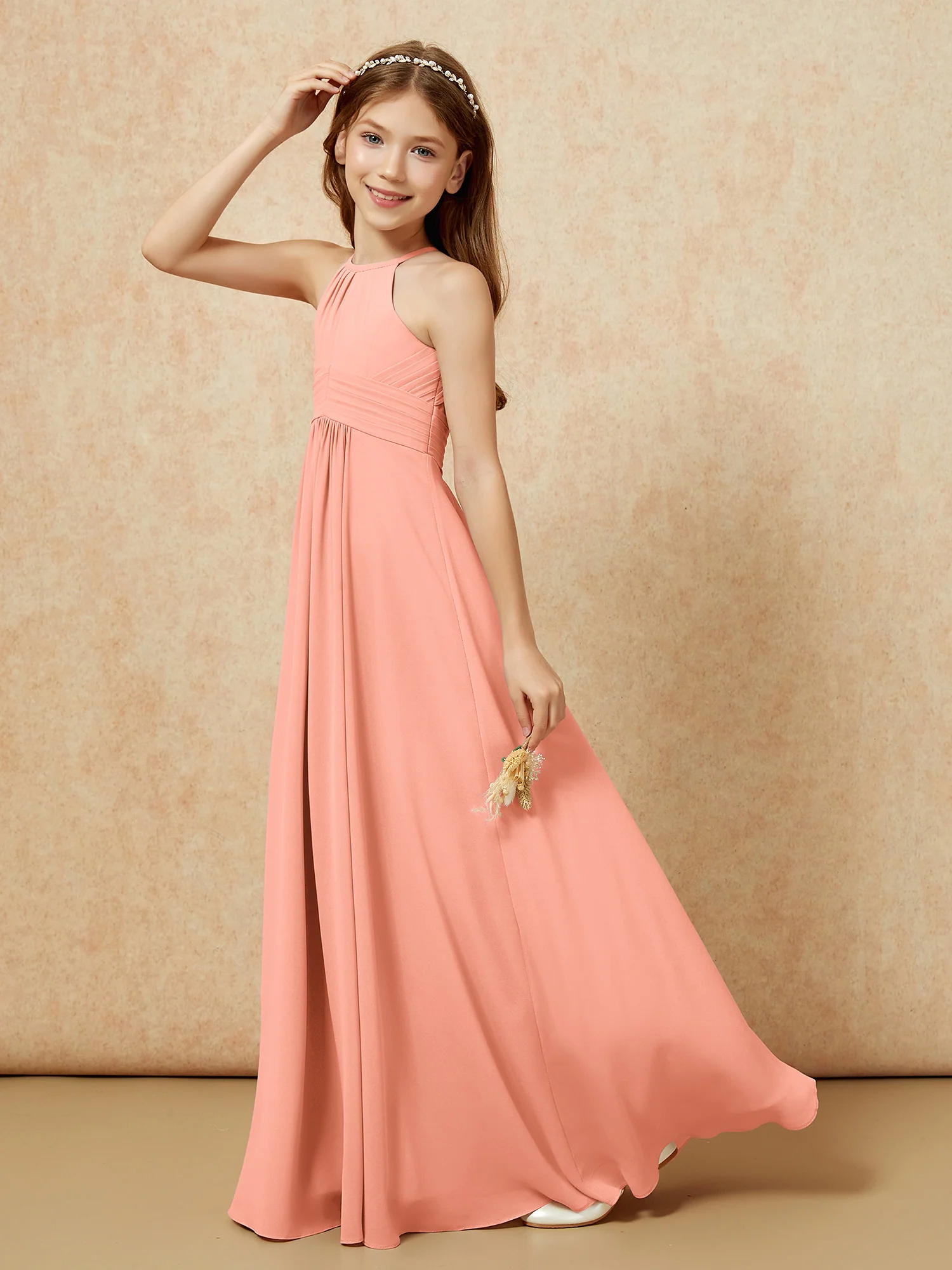 Simple Sleeveless Empire Long Junior Bridesmaid Dress Papaya - Image 6