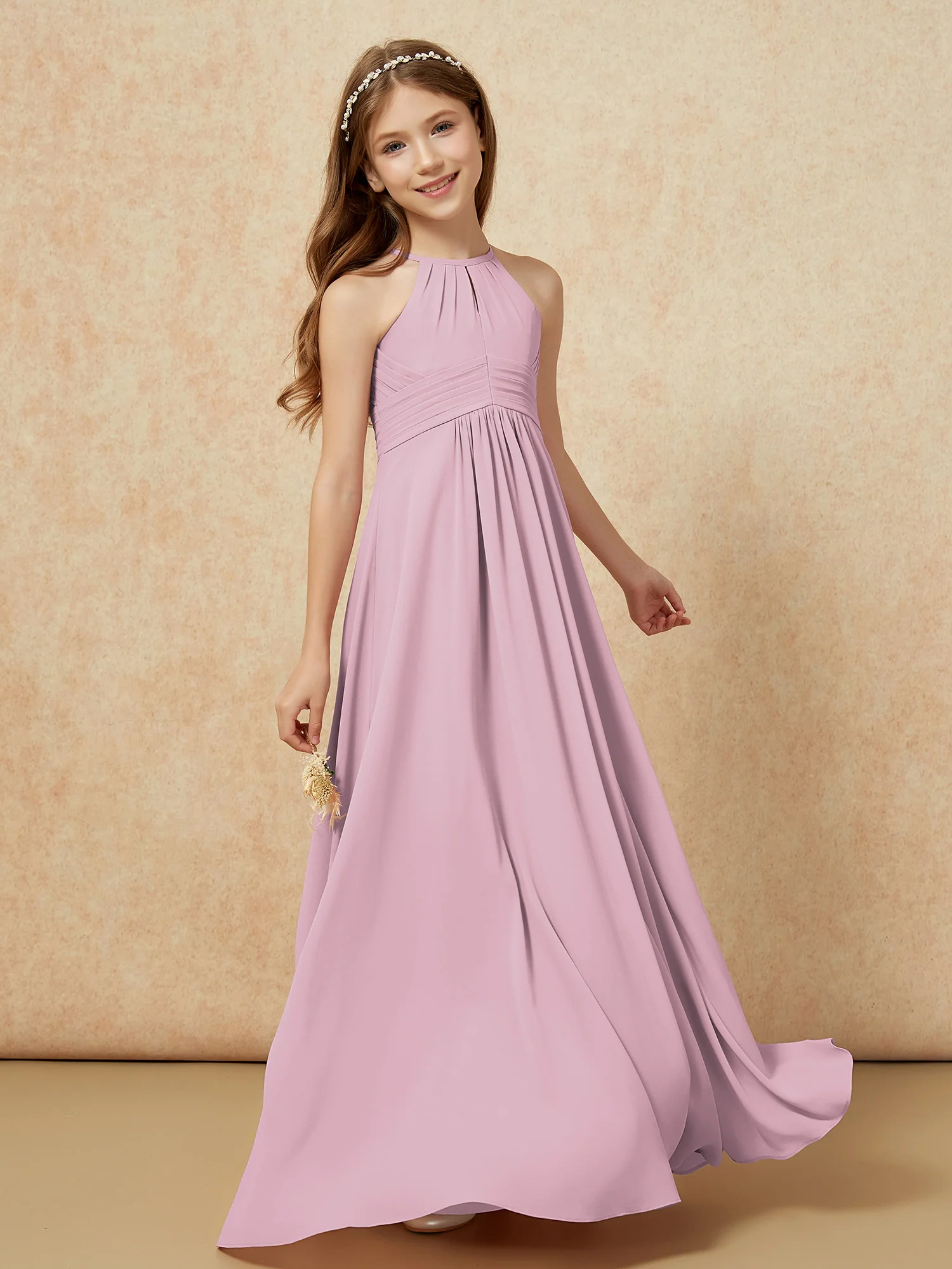 Simple Sleeveless Empire Long Junior Bridesmaid Dress Vintage Mauve - Image 3