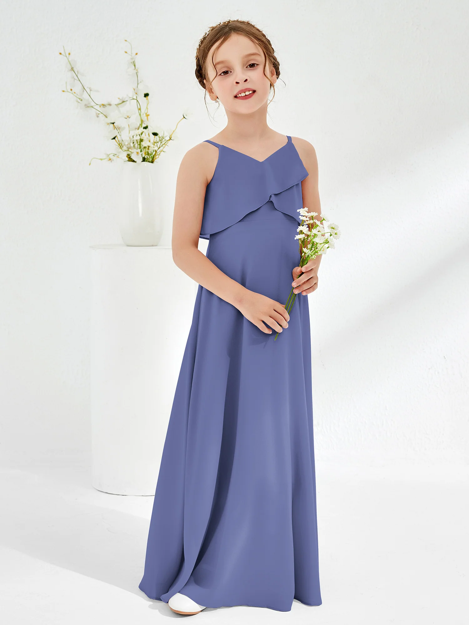 Simple V-neck A-line Long Junior Bridesmaid Dress Periwinkle