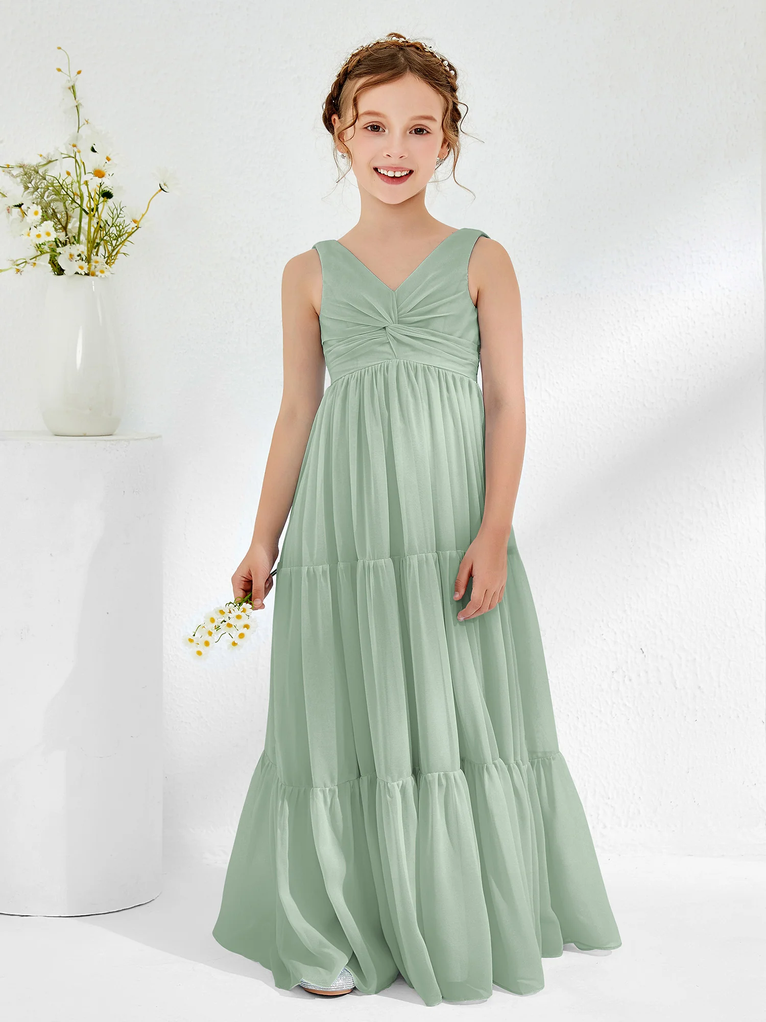 Sleeveless Chiffon Junior Bridesmaid Dresses with Bow Agave