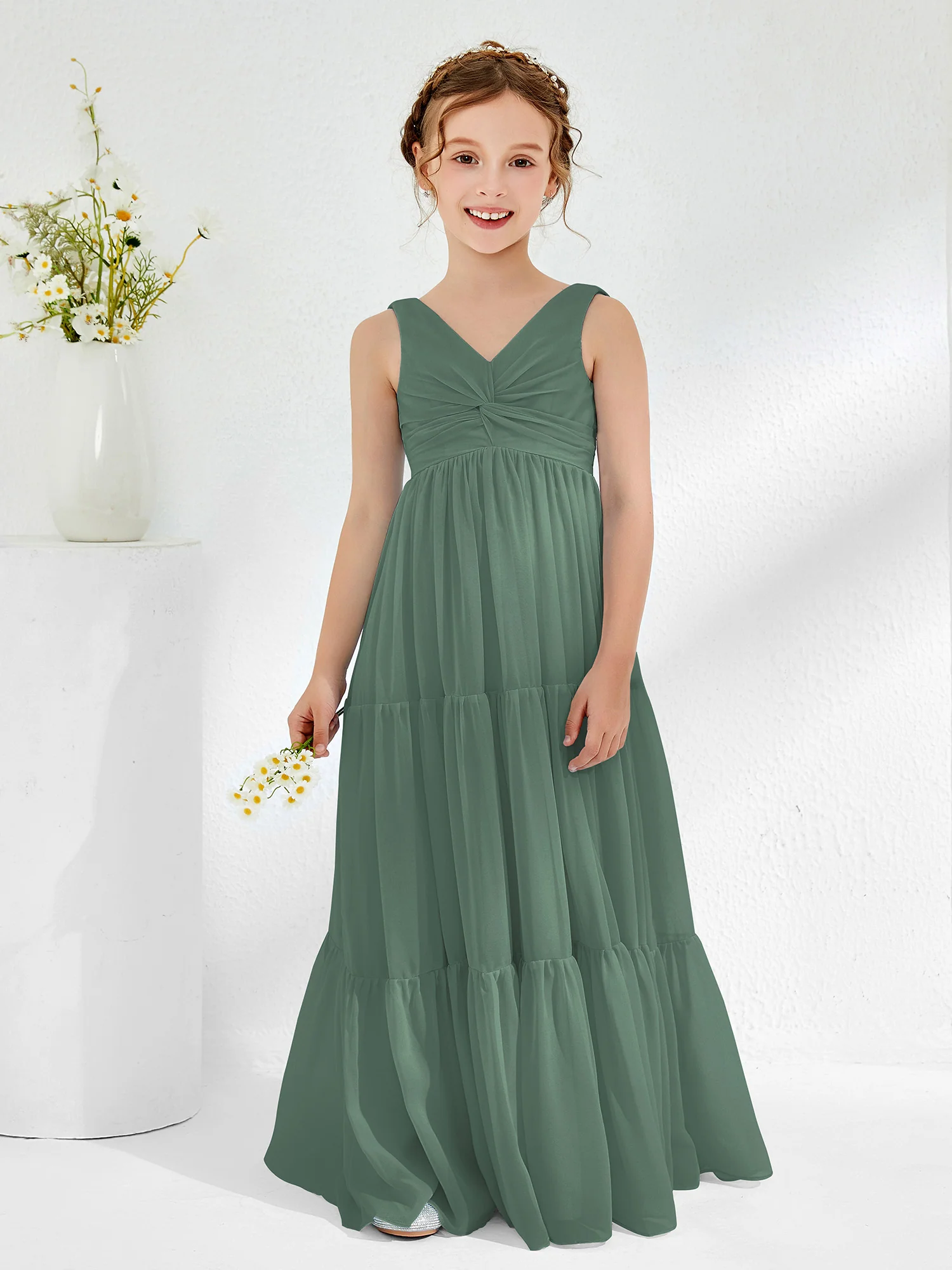 Sleeveless Chiffon Junior Bridesmaid Dresses with Bow Eucalyptus