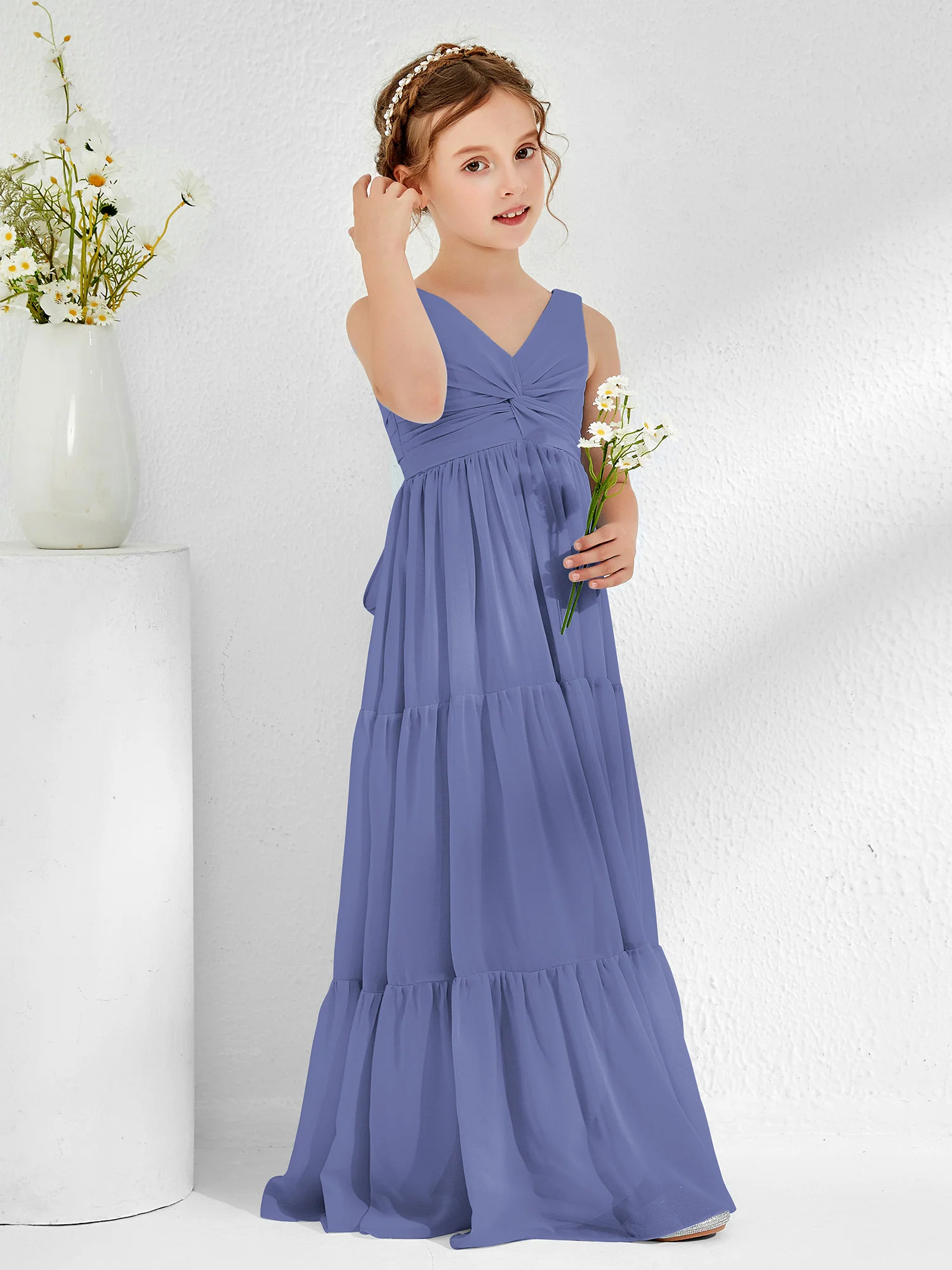Sleeveless Chiffon Junior Bridesmaid Dresses with Bow Periwinkle - Image 3