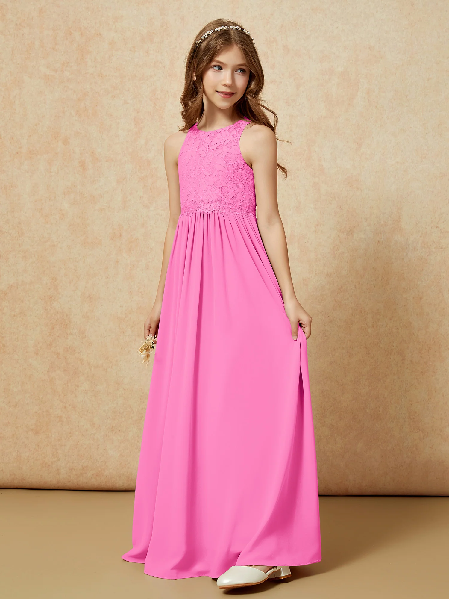 Sleeveless Lace Chiffon A-line Junior Bridesmaid Dress Azalea - Image 4