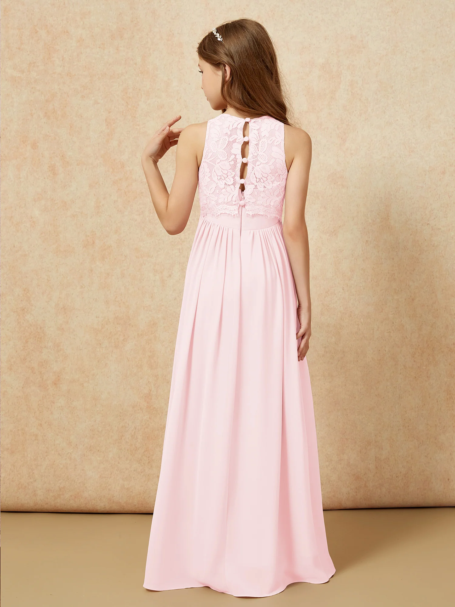 Sleeveless Lace Chiffon A-line Junior Bridesmaid Dress Blushing Pink - Image 2
