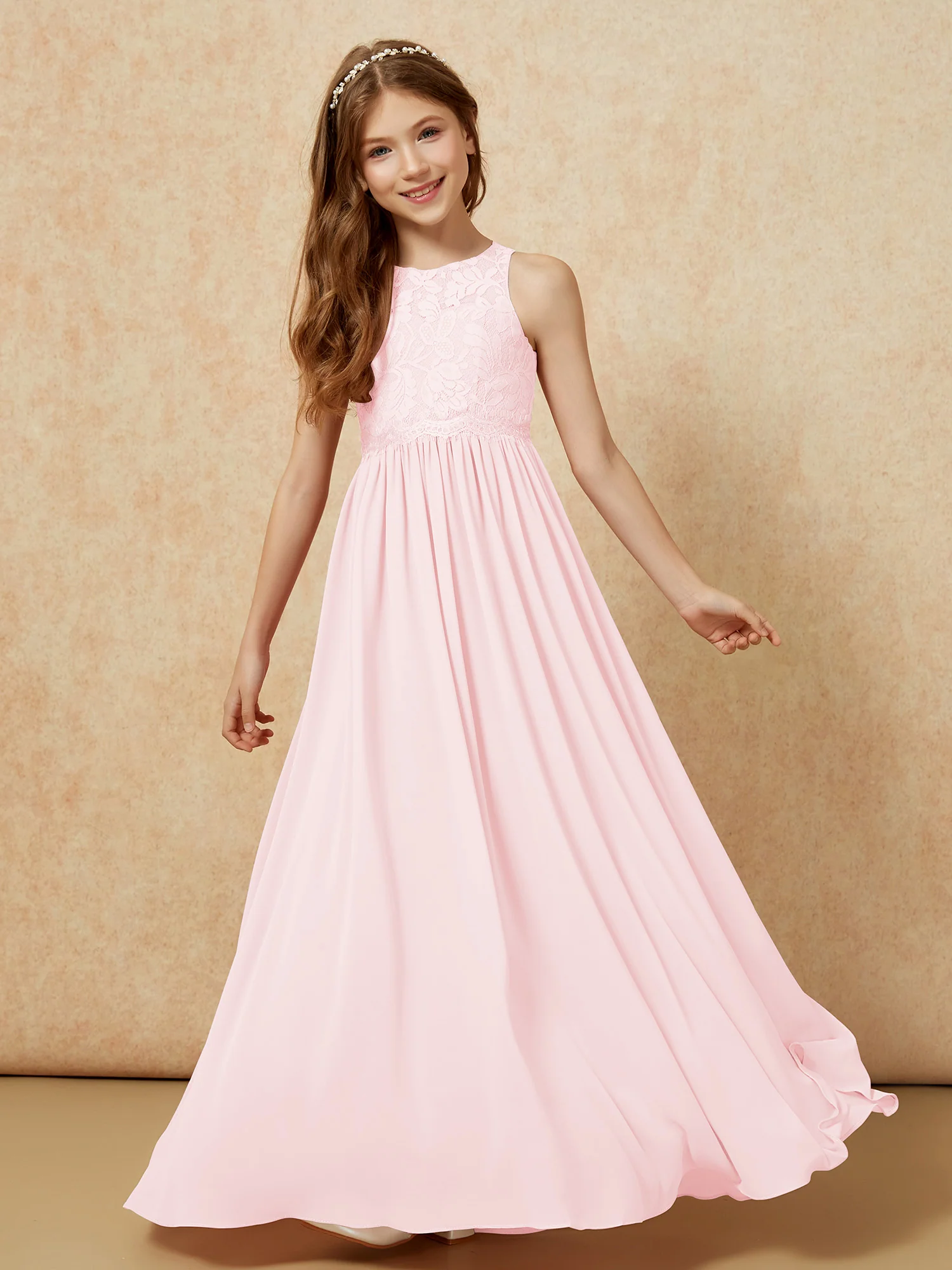 Sleeveless Lace Chiffon A-line Junior Bridesmaid Dress Blushing Pink - Image 4
