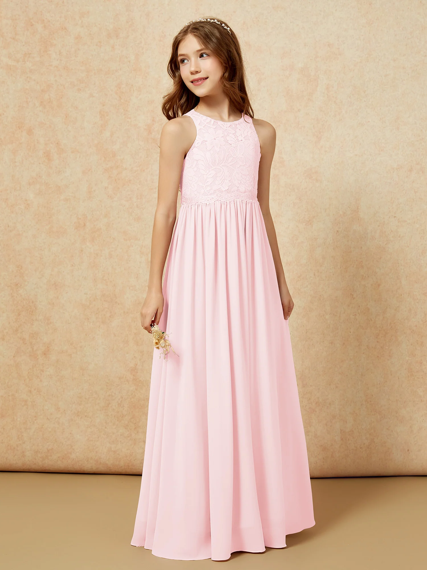 Sleeveless Lace Chiffon A-line Junior Bridesmaid Dress Blushing Pink - Image 5