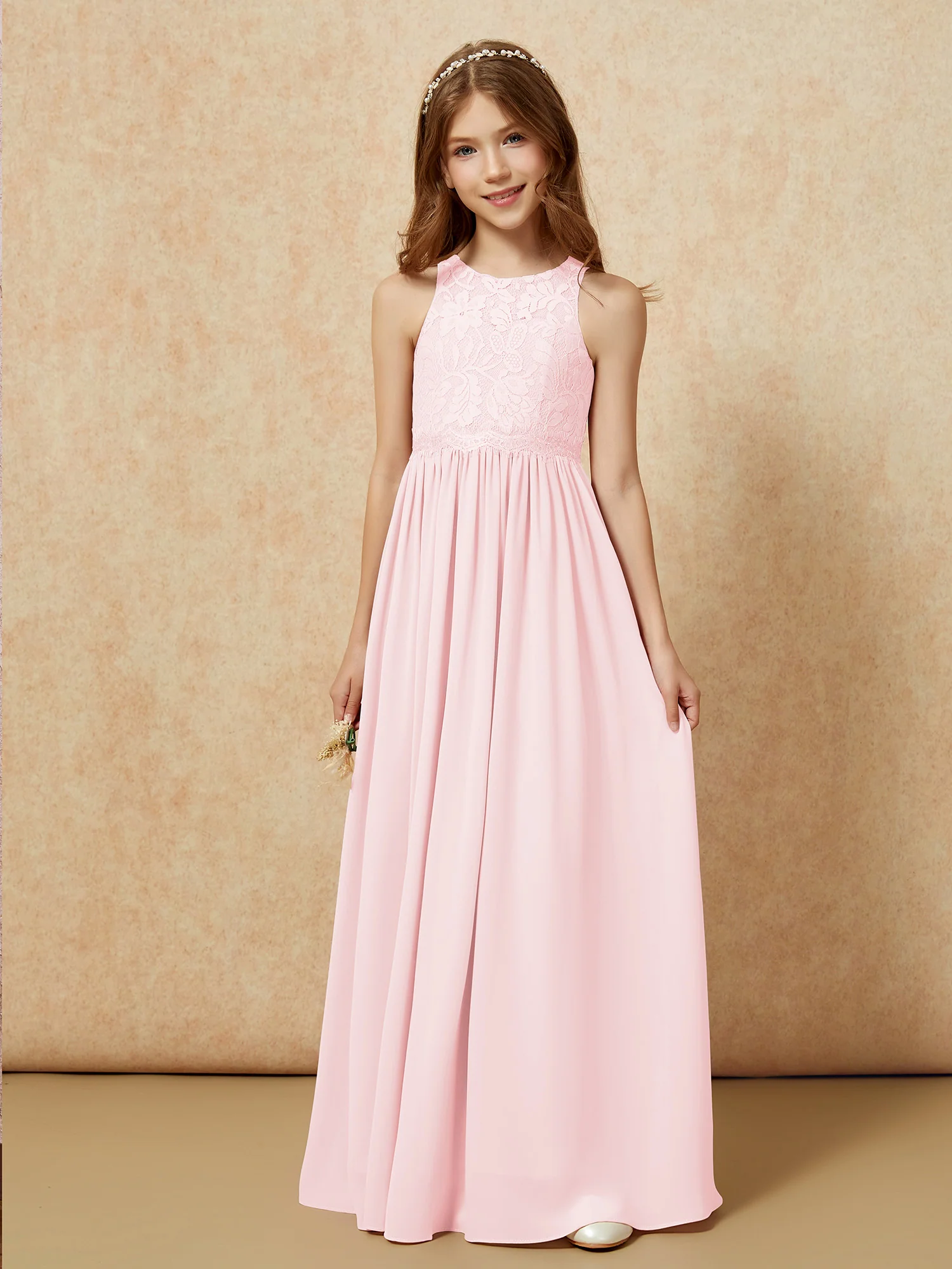 Sleeveless Lace Chiffon A-line Junior Bridesmaid Dress Blushing Pink - Image 6
