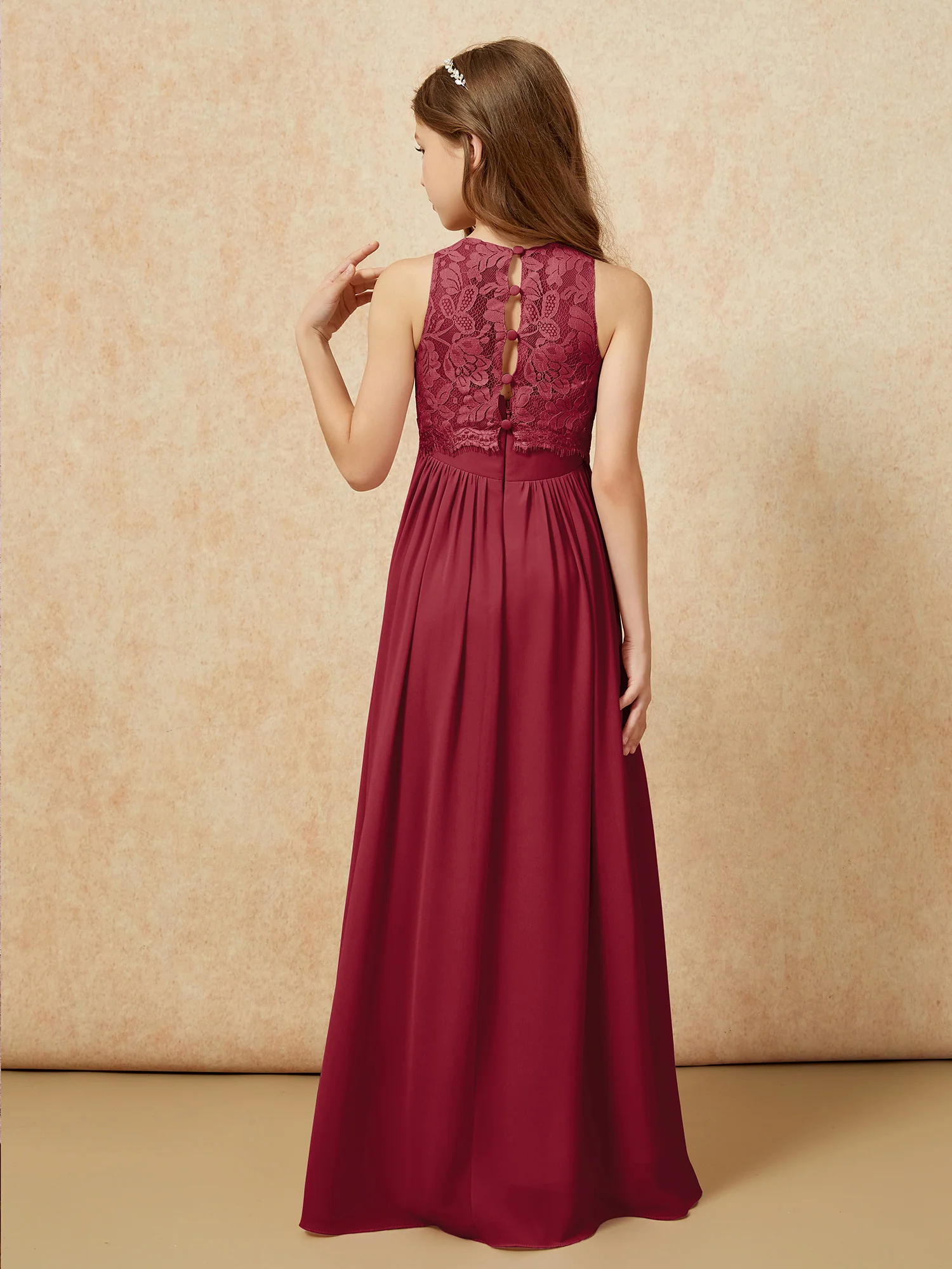 Sleeveless Lace Chiffon A-line Junior Bridesmaid Dress Burgundy - Image 2