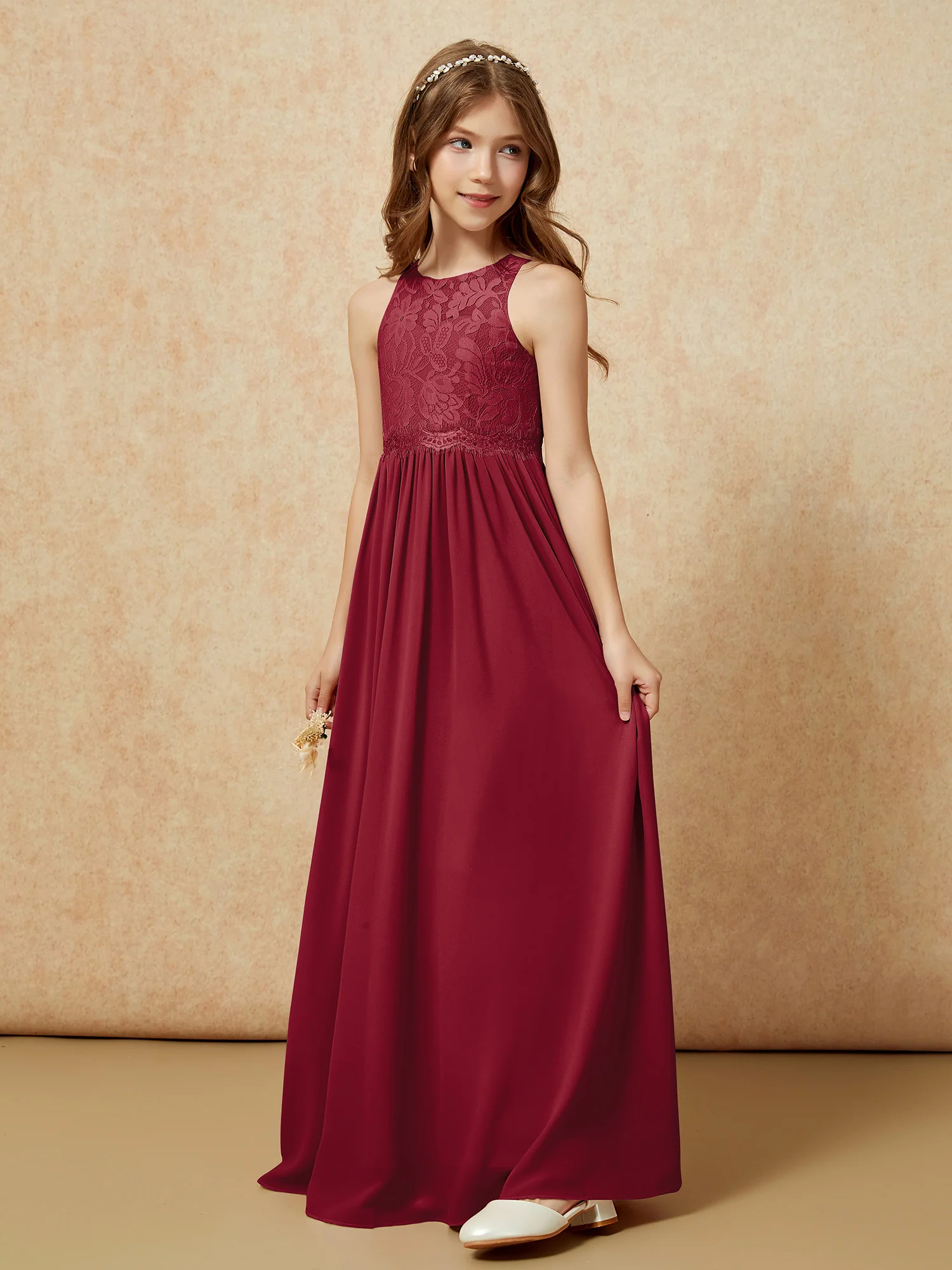 Sleeveless Lace Chiffon A-line Junior Bridesmaid Dress Burgundy - Image 3