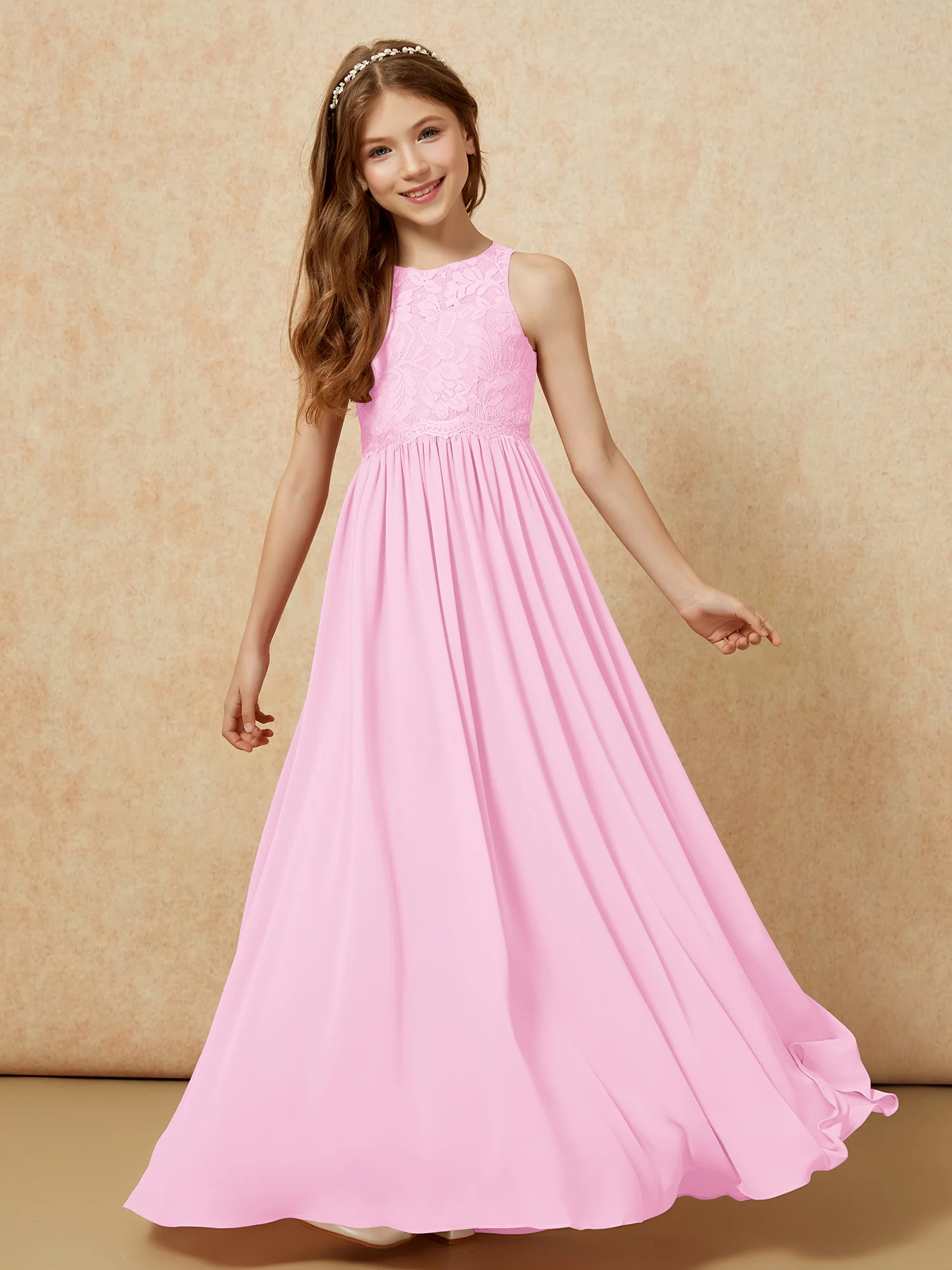 Sleeveless Lace Chiffon A-line Junior Bridesmaid Dress Candy Pink - Image 4