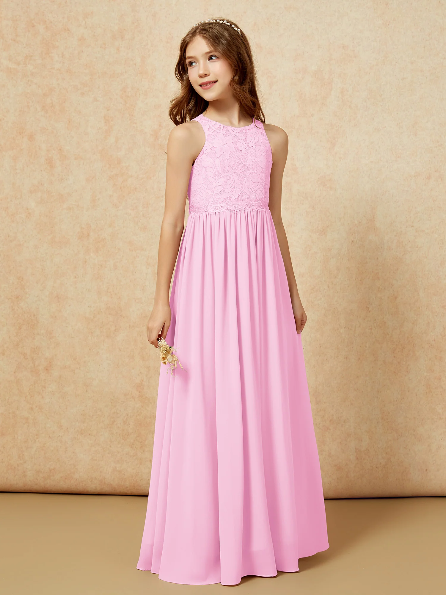 Sleeveless Lace Chiffon A-line Junior Bridesmaid Dress Candy Pink - Image 5